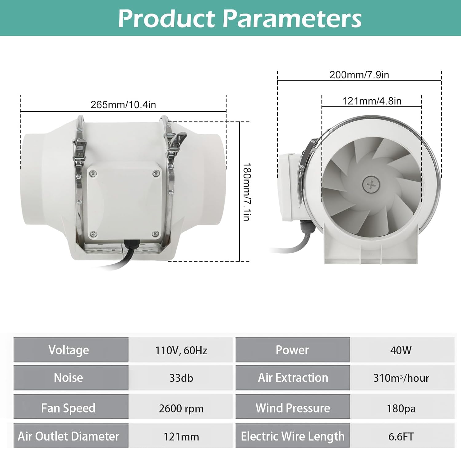 Duct Fan with Plug, 5 inch 183 CFM Inline Fan Mixed Flow Ventilation System Booster Exhaust Air for Bathroom, Toilets, Kitchen, Office, Grow Tent