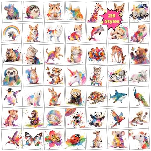 Keikihipa 216 PCS Watercolor Animals Kids Temporary Tattoo Set Party Favors