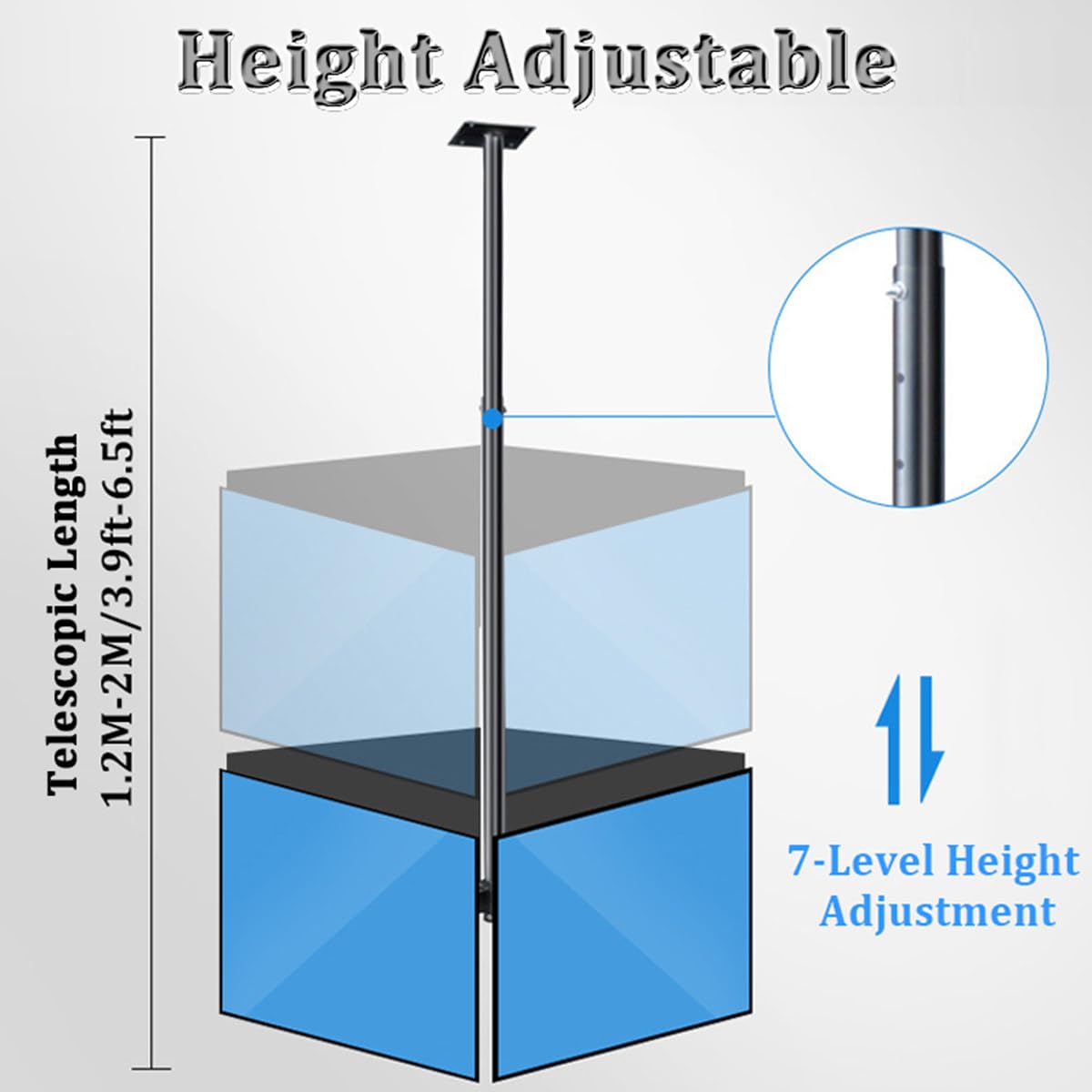 Soporte de techo para TV comercial de 32 a 75 pulgadas, soporte de techo de 3/4 lados con 7 niveles de ajuste de altura y alcance telescópico de 1,2 a 2 m, máxima de 150 kg,4screen