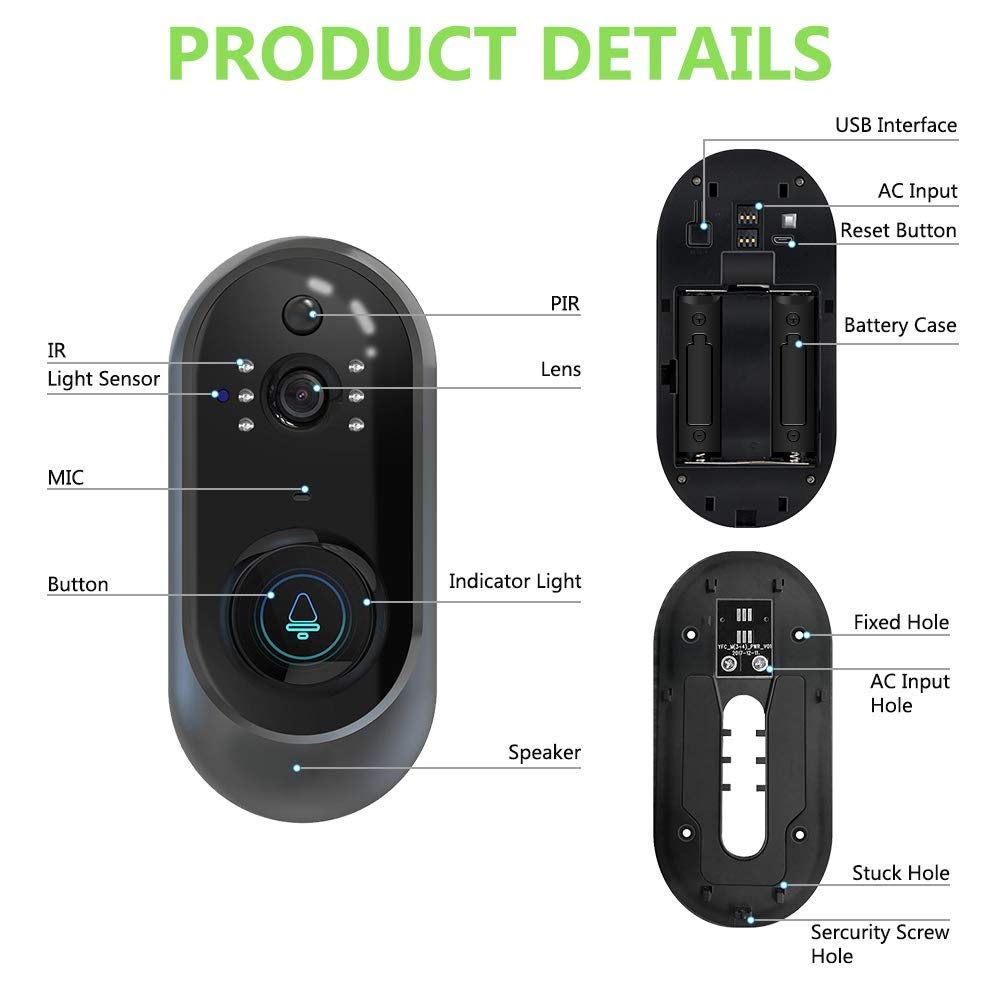 Videocitofono, Video Campanello Wi-Fi, Casa Allarme Smart, 1080P HD Audio Bidirezionale, Peephole Door Camera 166 Gradi grandangolare, Sensore di Movimento Adatto a Famiglie, Hotel