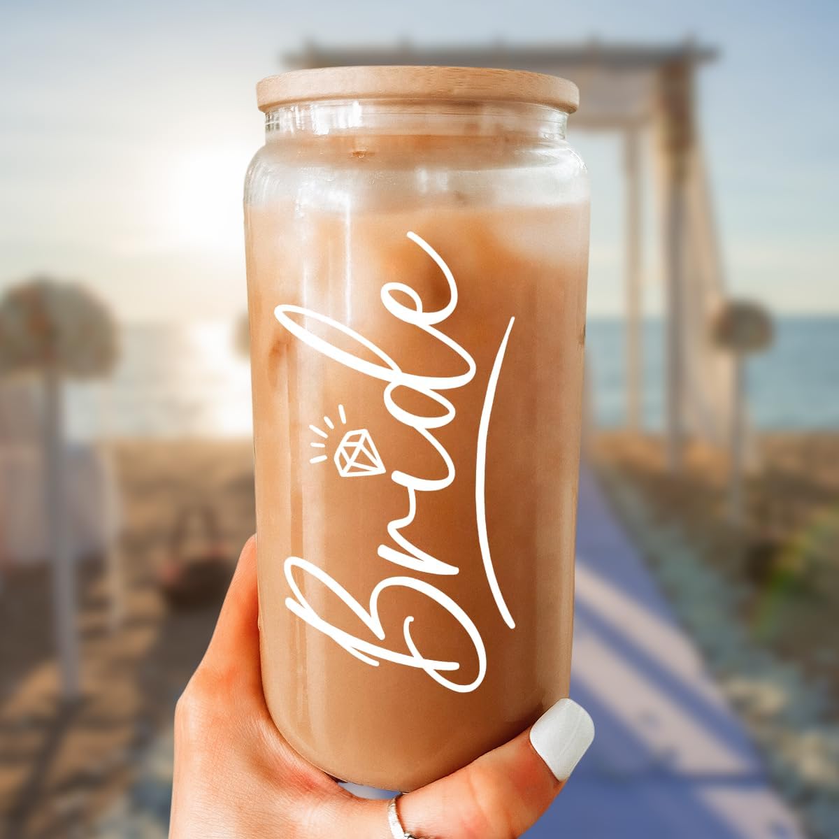 SANDJEST Bride Glass Coffee Cup 16 Oz with Bamboo Lid and Straw - Bridal Shower Gift - Engagement Gifts for Women - Bride Gifts - Image 6