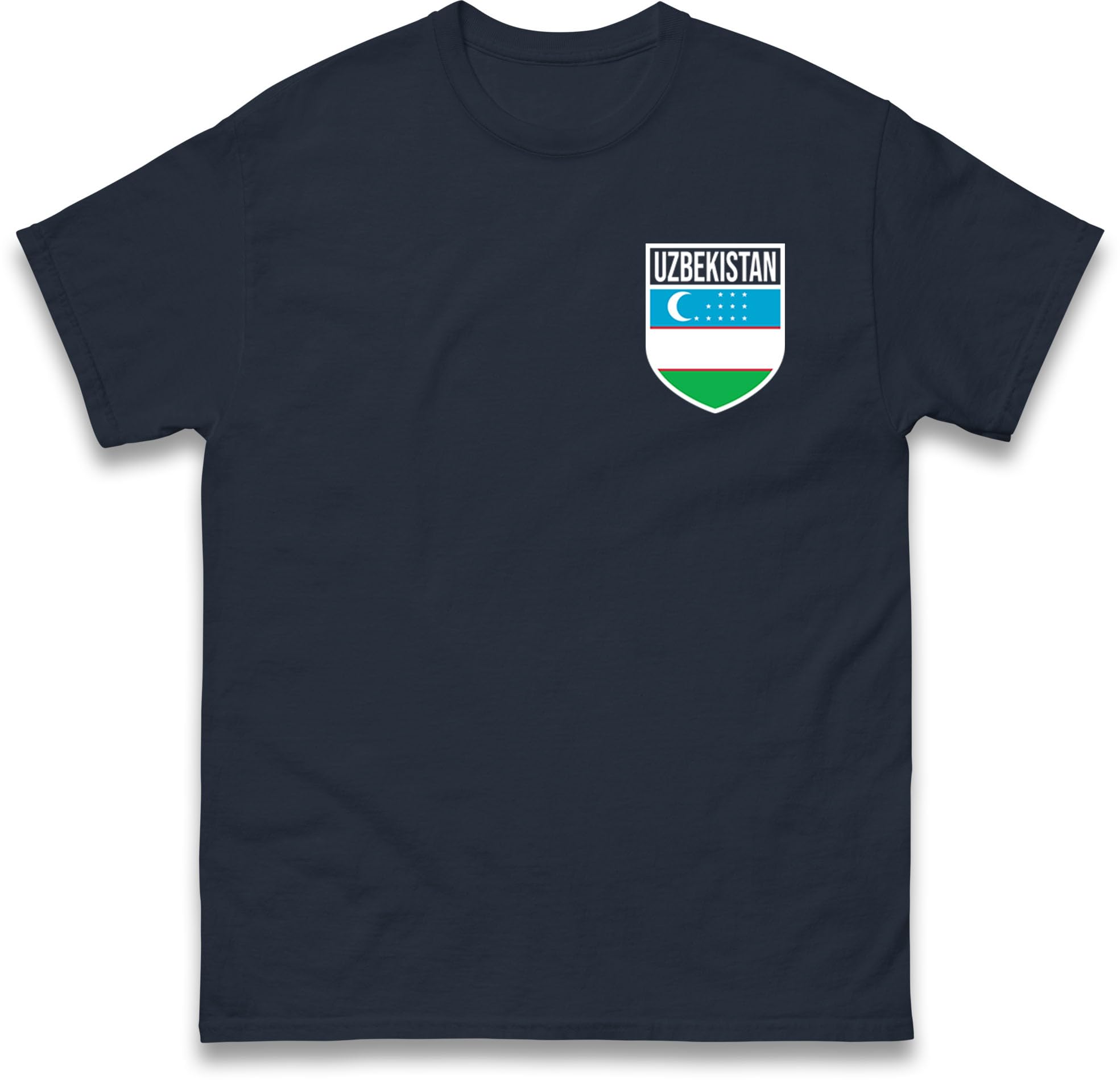 Uzbekistan Football T Shirt, Personalised Uzbekistan Flag Badge Football T-Shirt, Custom Name and Number Tee Navy