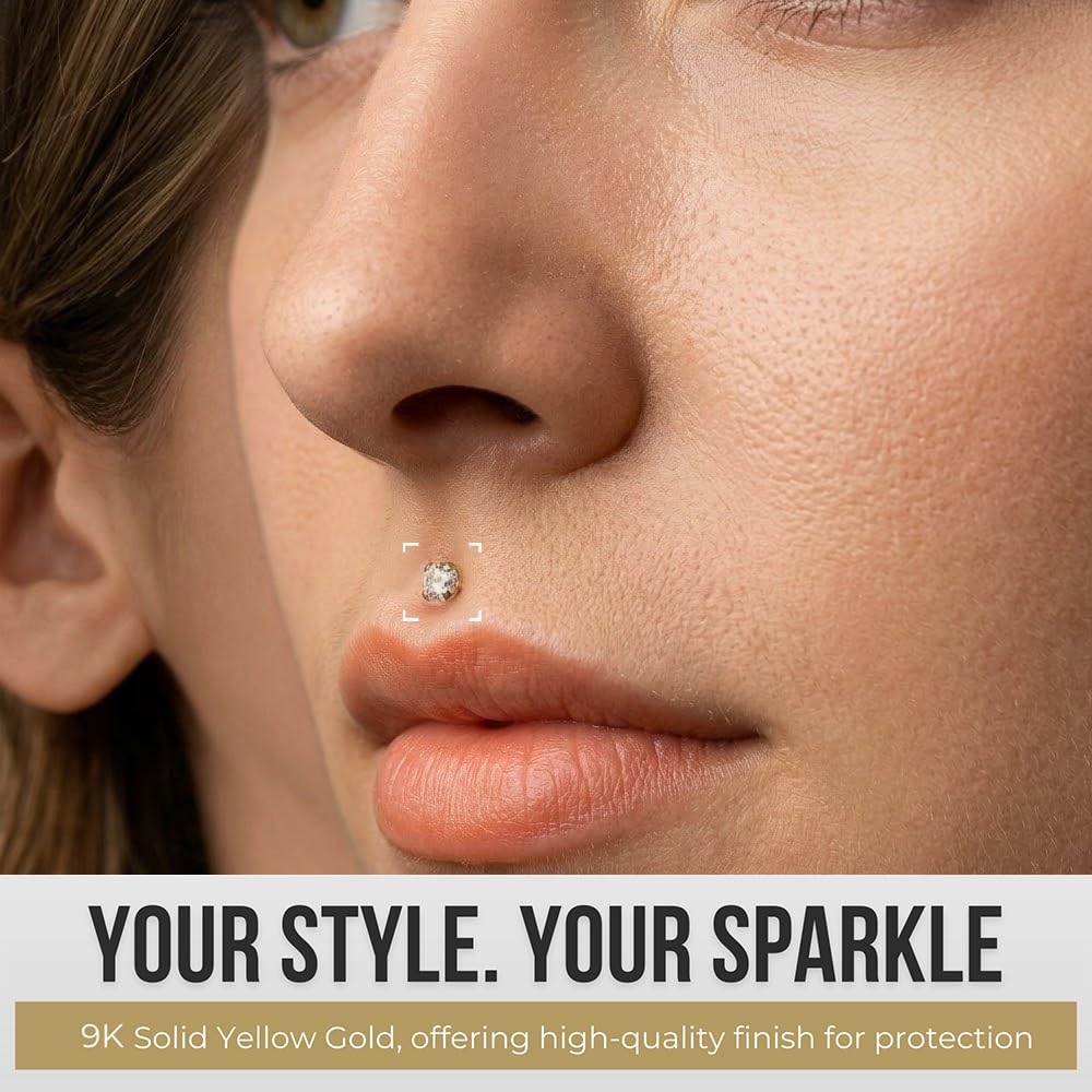 Piercing de labio de oro amarillo macizo de 9 quilates, oro blanco, circonita cúbica redonda, sin rosca, parte superior de calibre 16, parte trasera plana, piercing de barra para tragus