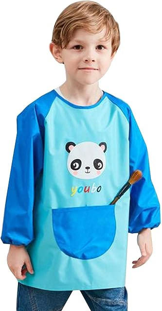 Waterproof Children Painting Apron For 7-11 Years Old, Kids Art Craft Aprons With Big Pockets, Cute Panda Pattern Toddler Apron For Cooking Drawing, Blue | Pink | Green