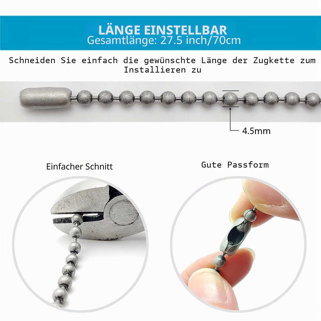 Duschvorhang-Haken, lang, 70 cm, Duschvorhangringe, Spa-Qualität, Antik-vernickelter Stahl, Kugelkette, 12 Stück