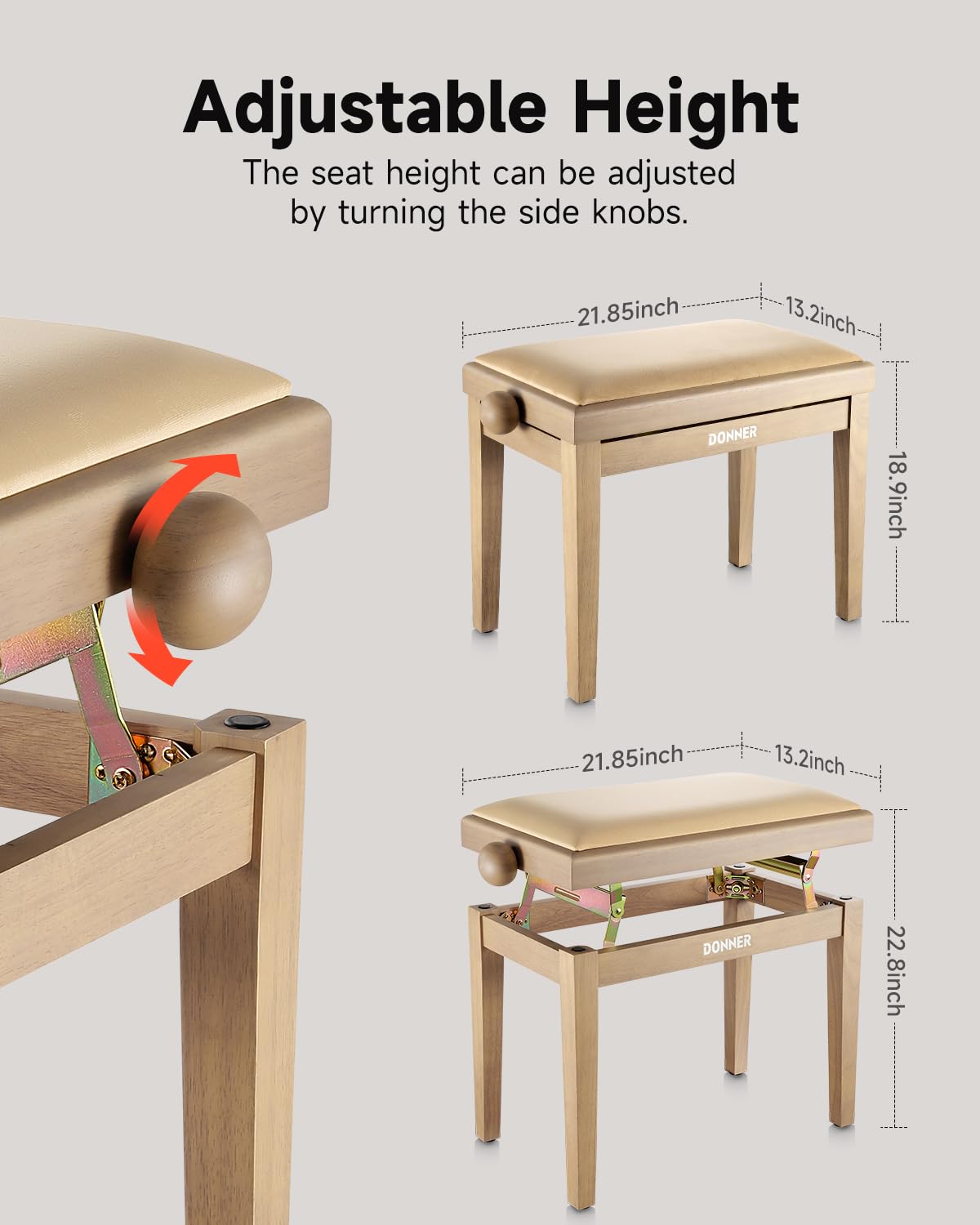 Donner Verstellbare Klavierbank, Klavierstuhlsitz aus Massivholz mit hochdichtem Schwammkissen, Klavierhocker aus Holz mit Metallhebevorrichtungen, Beige
