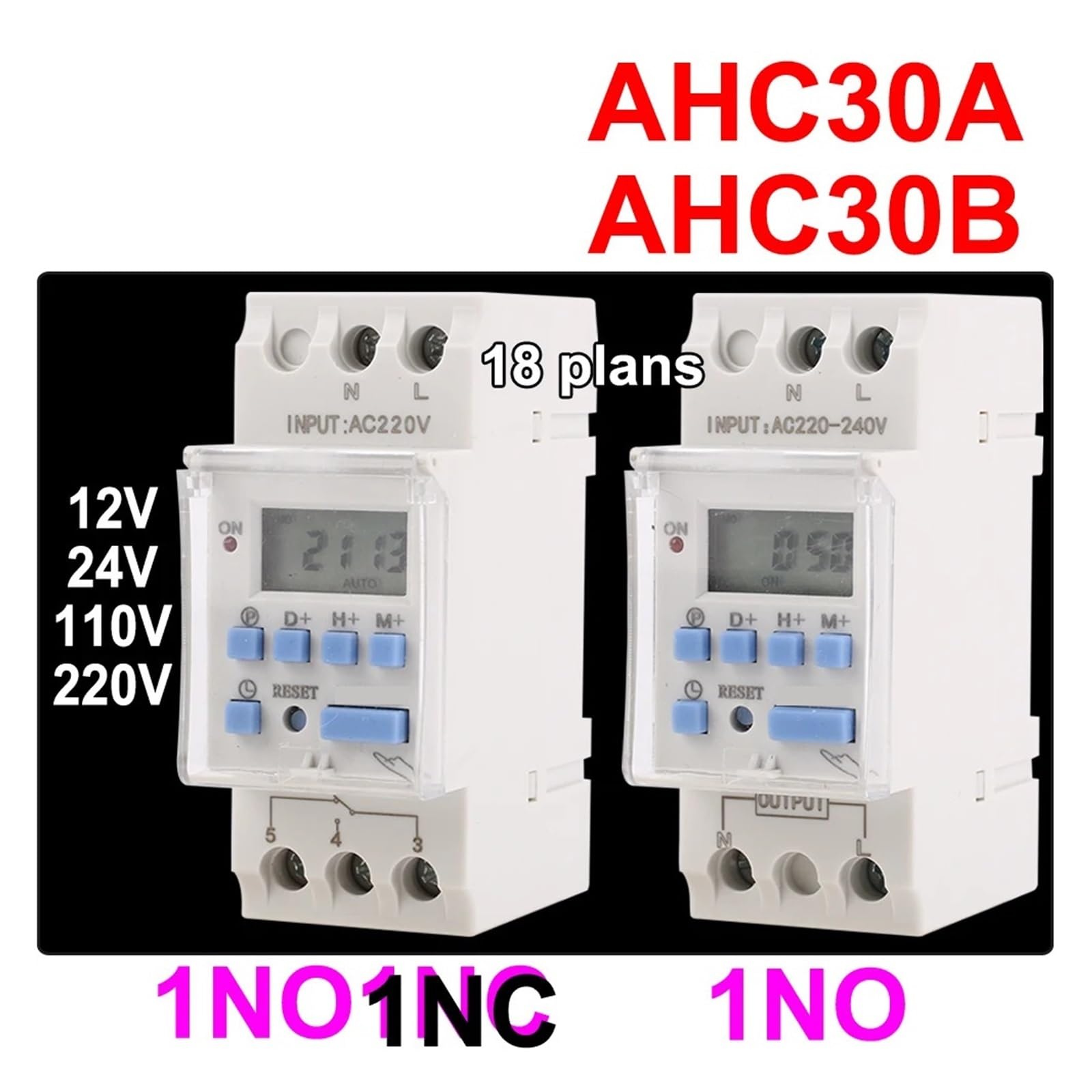 Temporizador de relé Digital programable semanal de 7 días, Tipo AHC30A, riel DIN, 2 Cables, 40 A, Control de CA 12 V, 24 V, 110 V, 220-240 V(1NO 220V)