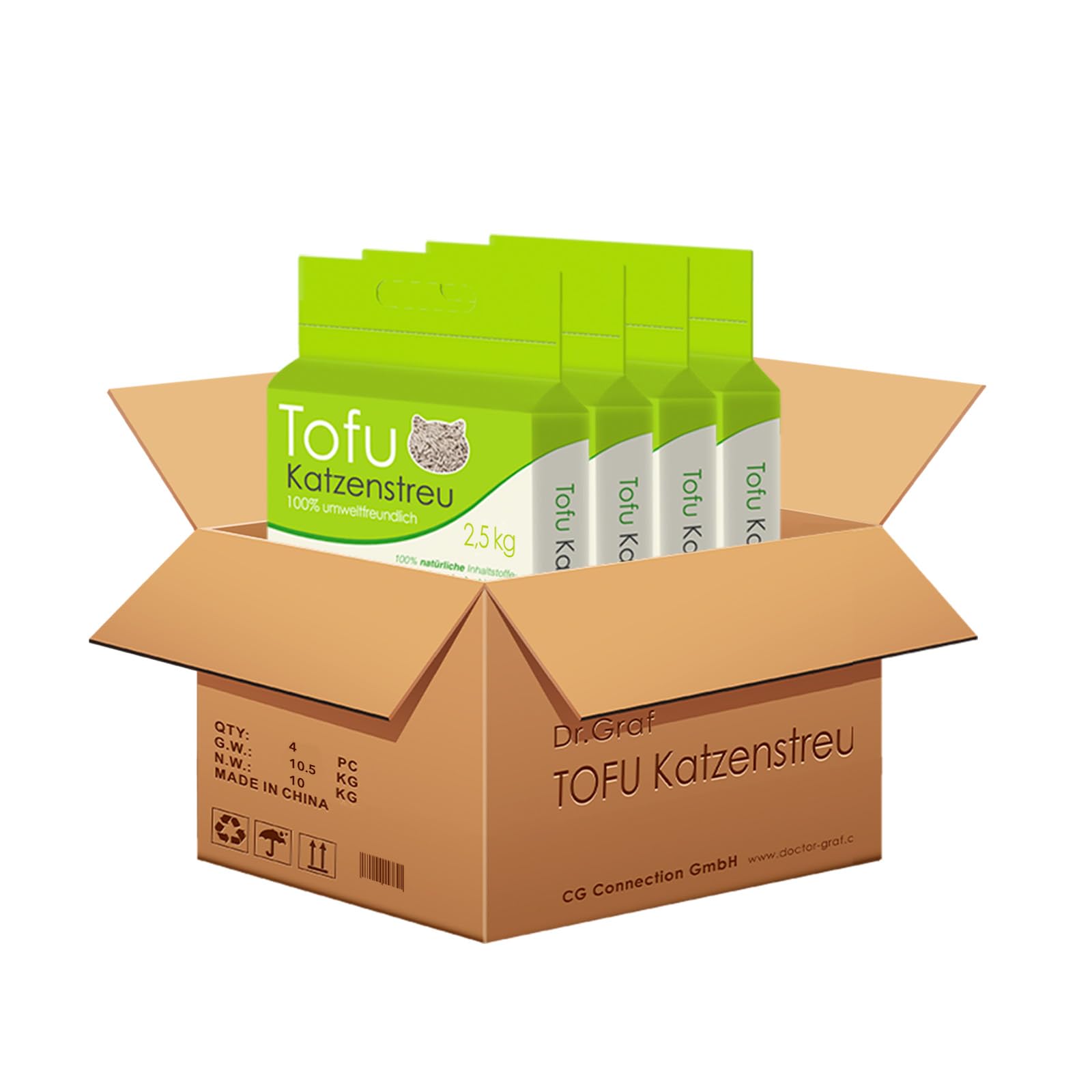 Dr. Graf Tofu Katzenstreu, 100% natürlich, Innovative Klumpstreu, geruchsfrei, komplett wasserlöslich， biologisch abbaubar, staubfrei，Extrem Saugfähig und schnell trocknend (4 * 2,5KG)