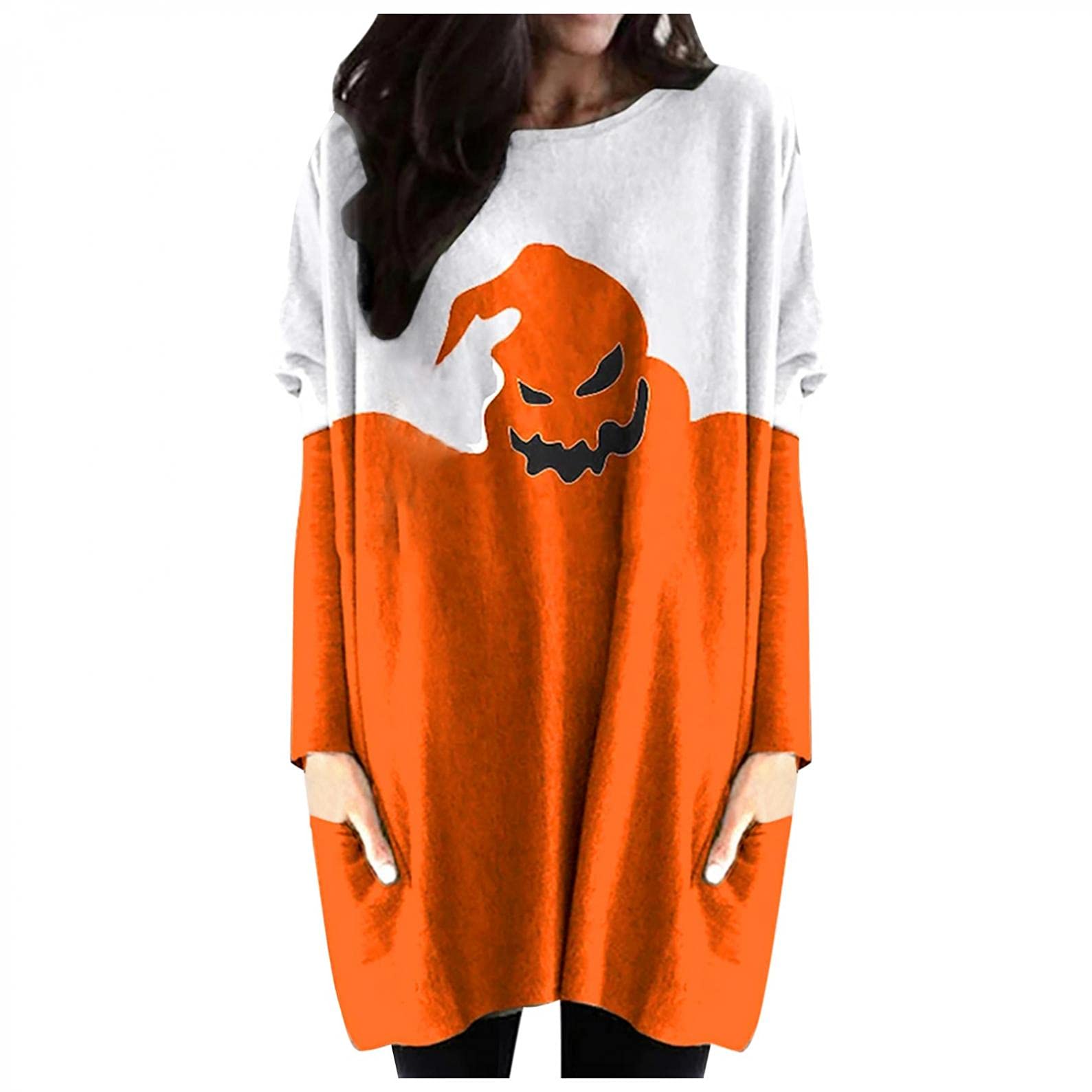 Halloween Women Tops Sweatshirt Plus Sized Hoodies Casual Patchwork Funny Pumpkin Face Loose Hooded Sweater Sunggoko