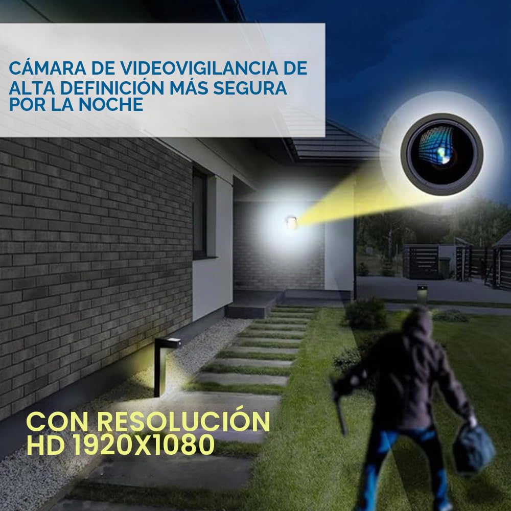 M Ledme - Foco Proyector Led Solar Con Cámara Jeff 300W, luz fría (6000k), Sensor de movimiento/crepuscular, 1080P, Impermeable IP67, 2900lm, Control remoto con App, Para Patio, Jardín, Camino.