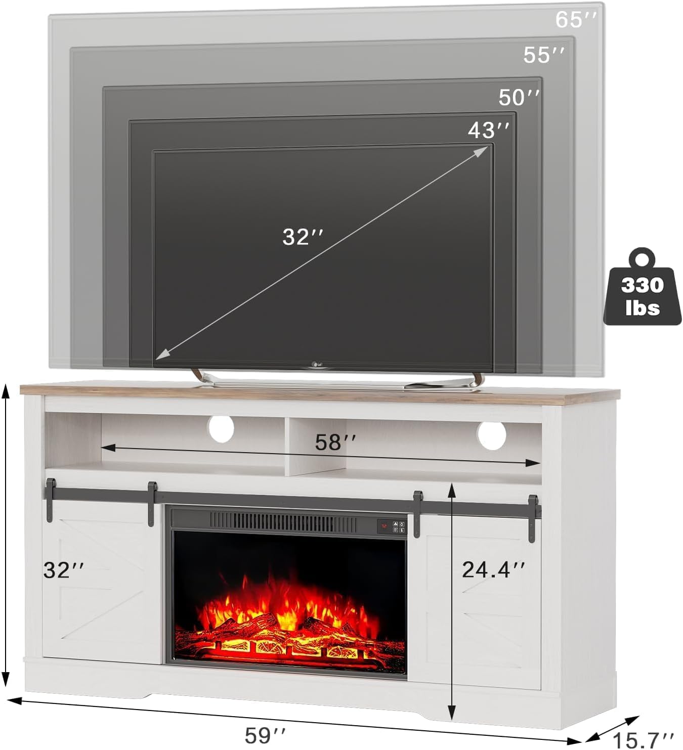 YESHOMY Fireplace TV Stand for Television up to 65+ Inch with Storage and Farmhouse Sliding Barn Doors, Entertainment Center with Cabinet and Shelves, Media Console for Living Room, White