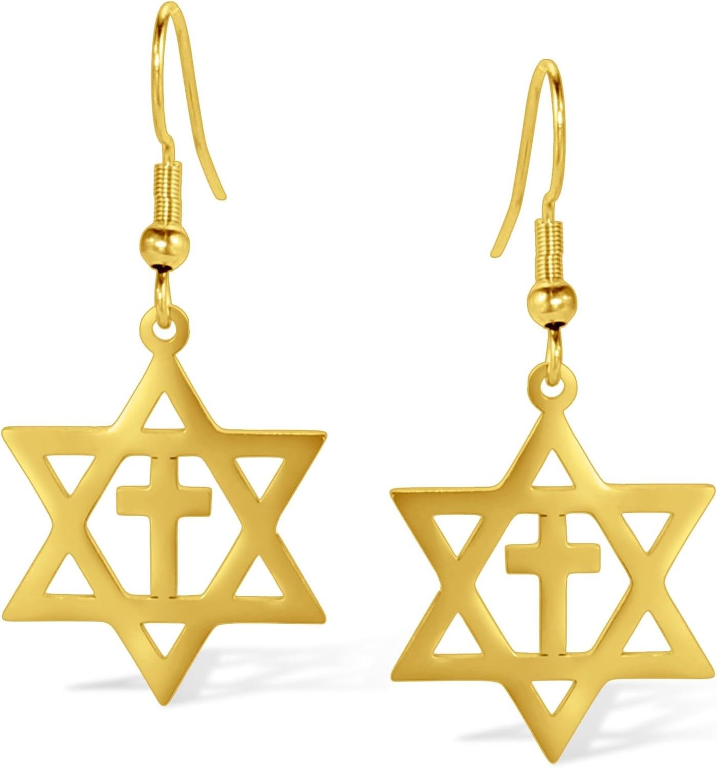 KGAIXN Gold Israeli Star Earrings Stainless Steel Six Pointed Dangle Star of David Drop Earrings Women Christian Jewish for Cross Hanukkah Religion Gift Idea, Cross-Gold