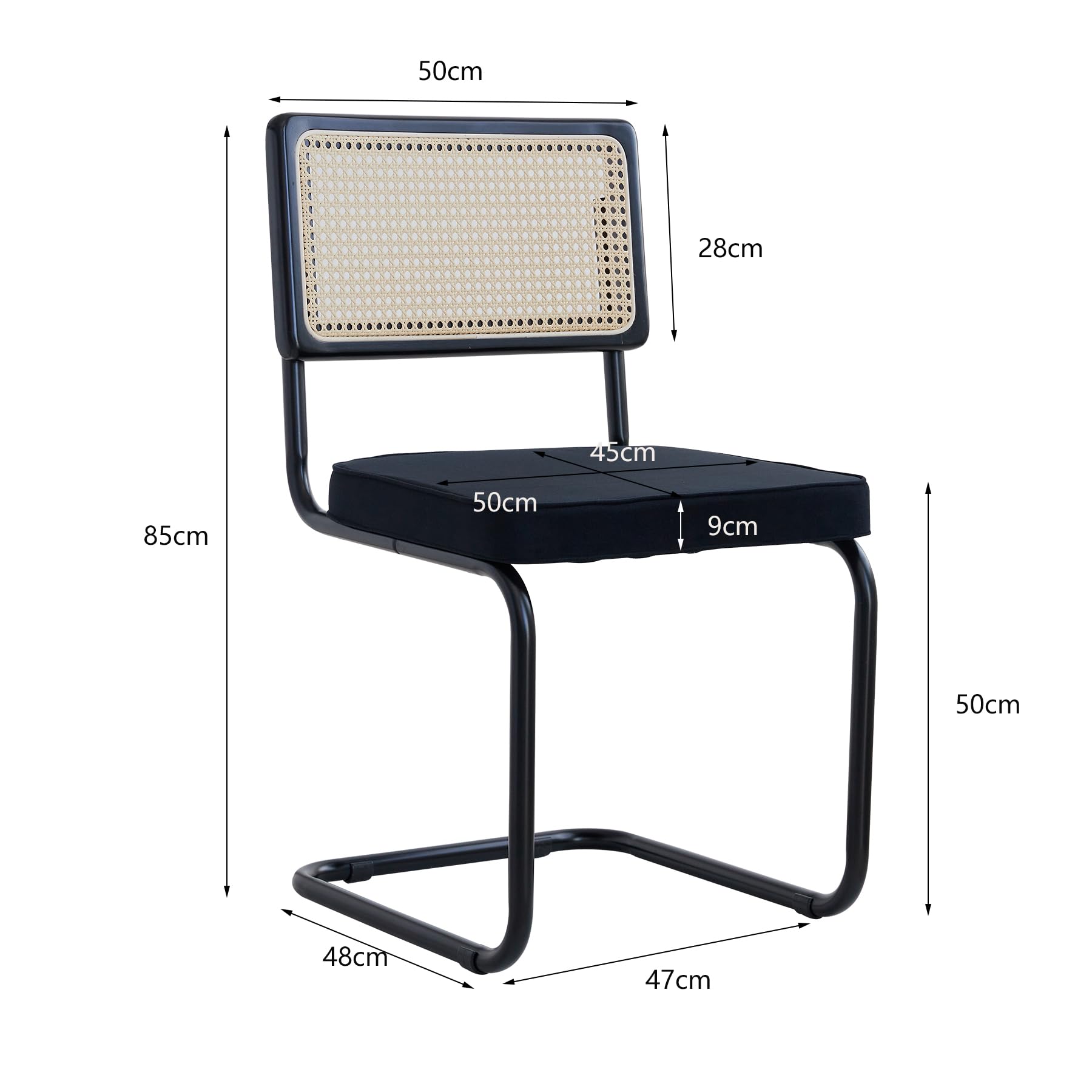 GrandCA HOME Pack de 4 Sillas de Comedor con Respaldo de Caña Natural y Base de Acero Metálico, Sillas de Cocina Tapizadas de Ratán,Negro-1