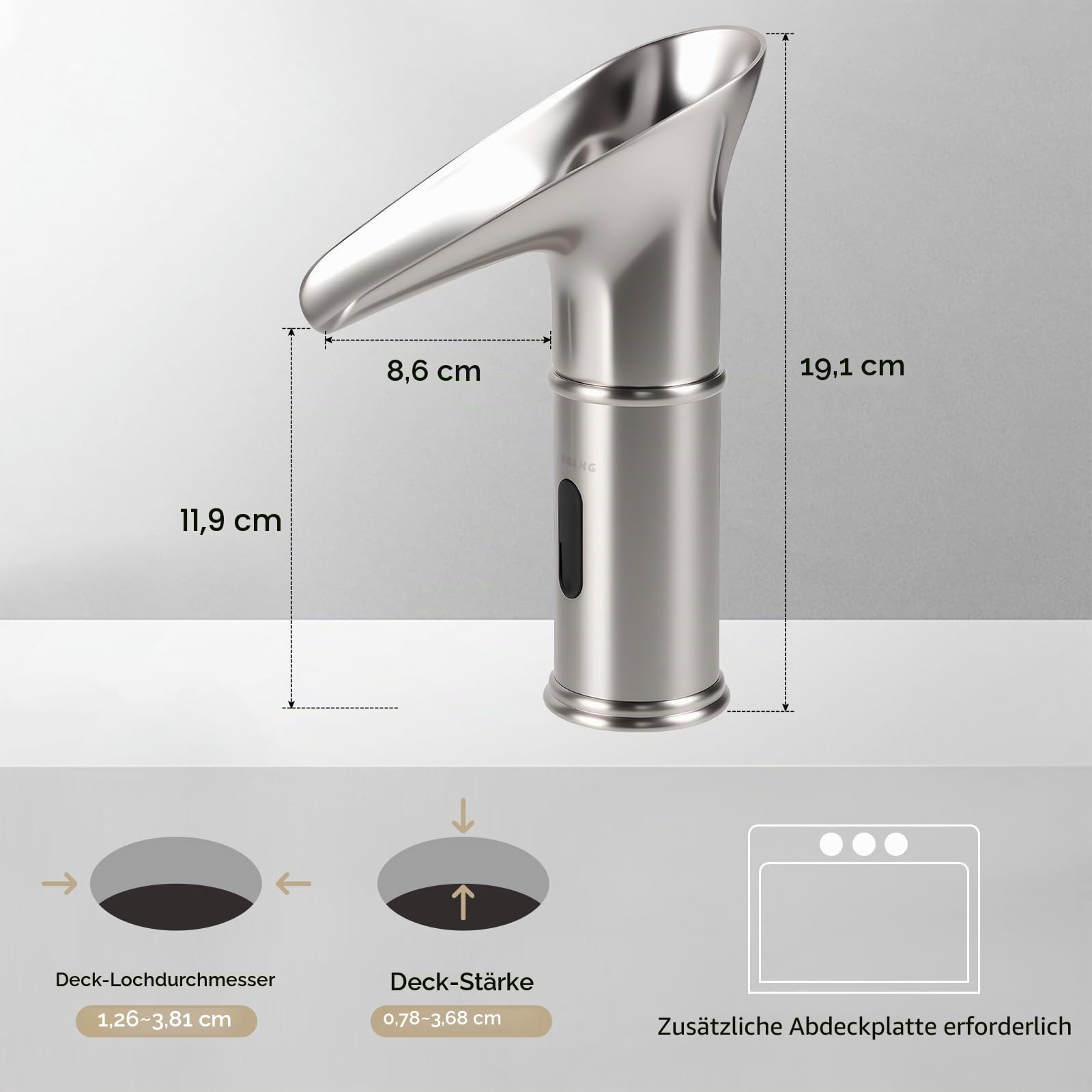 Gangang LED Wasserfall Wasserhahn mit Sensor Bad, Infrarot Automatisch Bassin Wasserhahn für Badezimmer Badarmatur, LED 3 Farbe ändert Sich mit Wassertemperatur (Messing, Gebürstet Nickel)