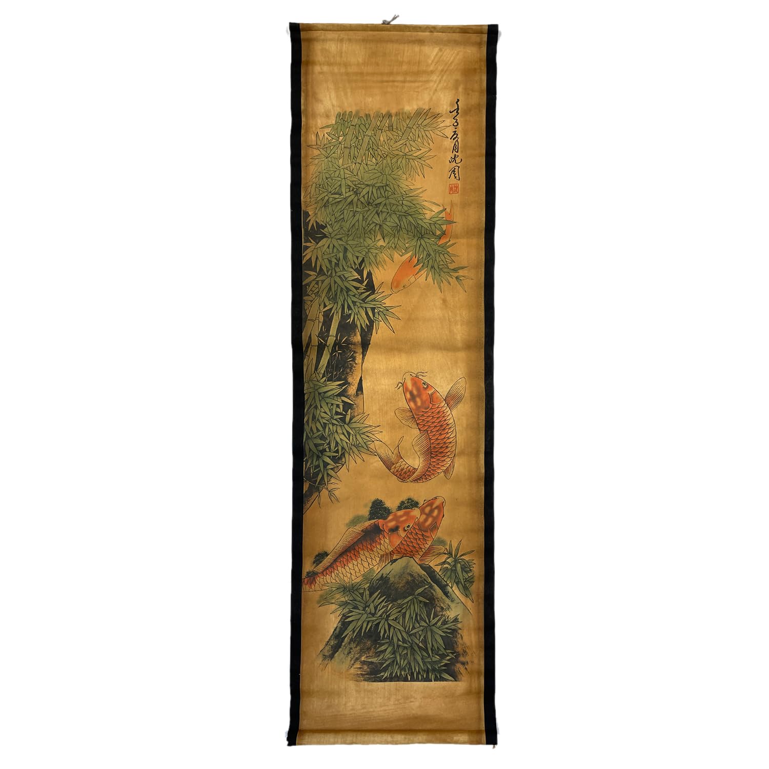 Wall Art Poster Prints Paintings, Hanging Paper Scroll Decor Asia Vintage Aesthetic,for Office Restaurant Bamboo Summer Koi Fish (D2)