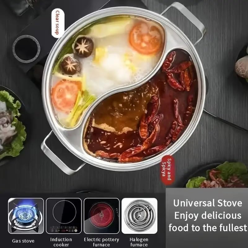 Induction Compatible Home Hot Pot 12.6" Stainless Steel Dual-Flavor Hot Pot with Lid - Thickened, Integrated Design for Home Use, Induction Compatible