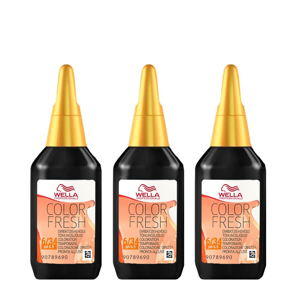 3 x Wella Color Fresh Hair Toner 75ml - 6/34 Dark Blonde/Gold Red