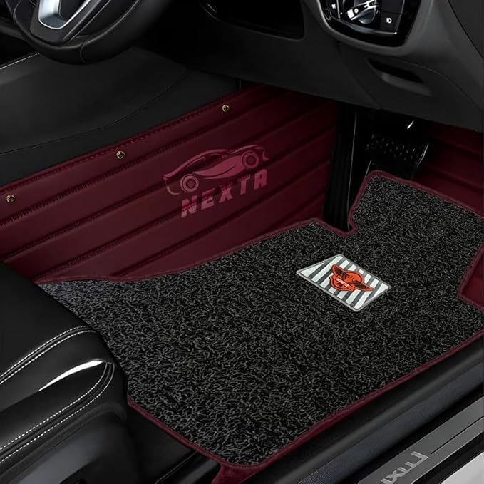 Image of Premium 12D Car Foot Mat for Range Rover Evoque (2017-2021) | Luxury Leather | Double Layered | Waterproof and Washable | Custom Fit | Detachable Grass Mat | Cherry with Black