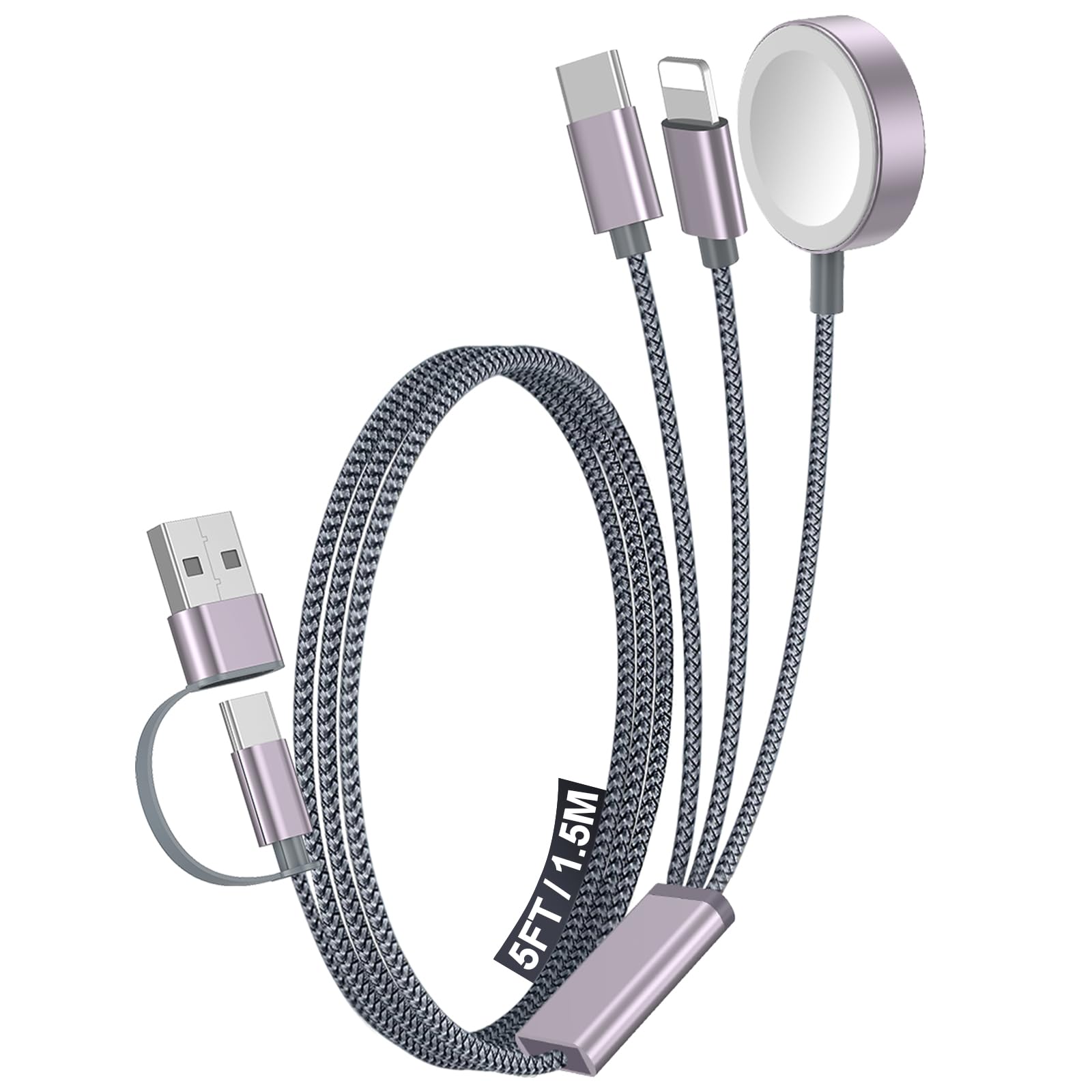 Photo 1 of 1Pack Multi Charging Cable Cord for Travel Essentials,Apple Watch Charger,iPhone Charger,[3-in-2] Type C/Lightning Cable Portable Designed for iWatch,iPhone 17-8,Galaxy S25-21,AirPods,iPad-1.5M Gray