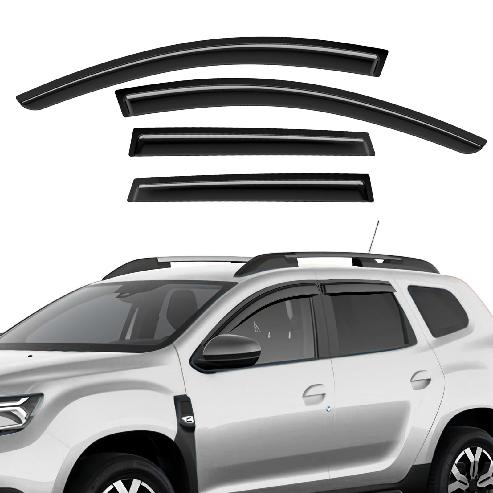 GEARMONSTER Déflecteurs d'air compatibles avec Dacia Duster II 2018-2023, autocollants, déflecteur de vent pour vitre de voiture, protection contre la pluie, 4 pièces, Noir