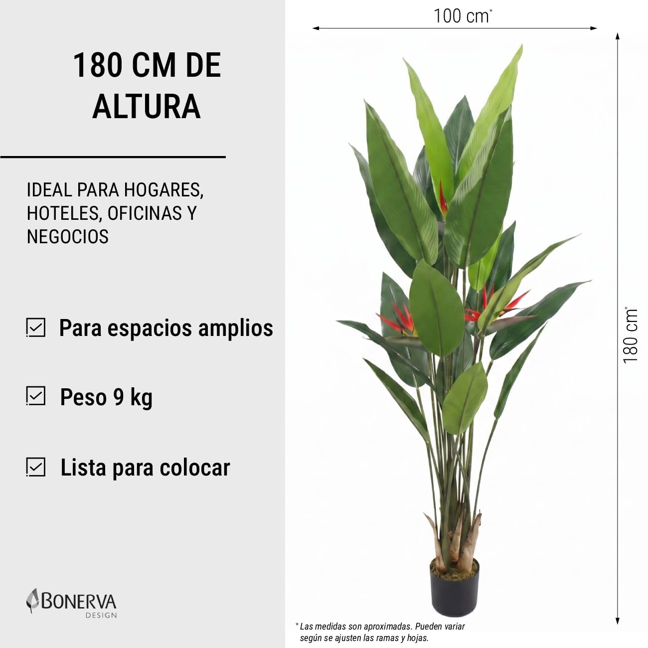 BONERVA | Strelitzia Artificial Ave del Paraíso 180 × 100 cm | Planta Artificial Grande con 18 Hojas y 3 Flores Realistas | para Interior con Maceta Incluida