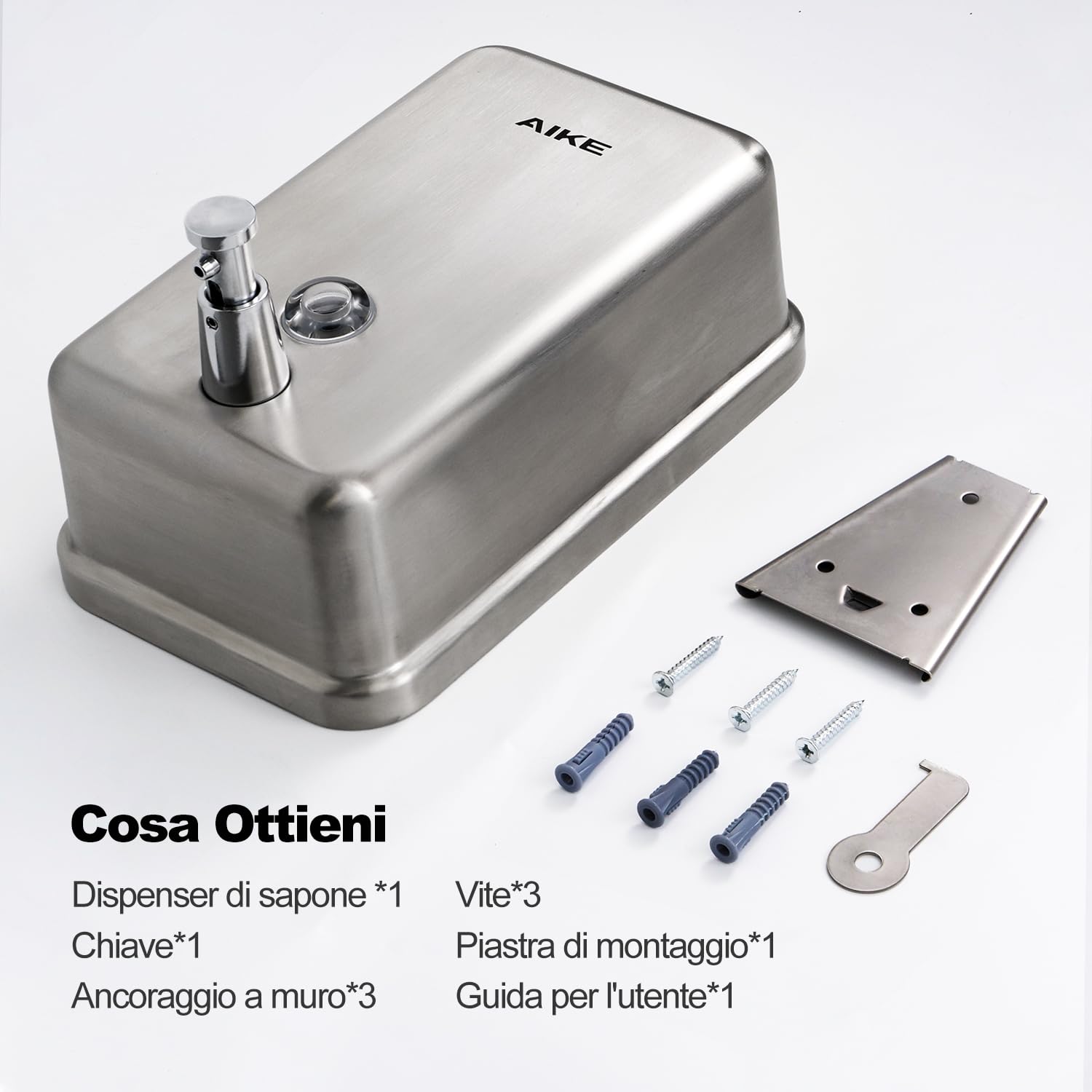 AIKE Distributore di Sapone in Acciaio Inossidabile, 1100ml a Muro, Strato Protettivo Antiruggine in ABS Integrato, Dispenser Liquido per Bagno Commerciale AK1003