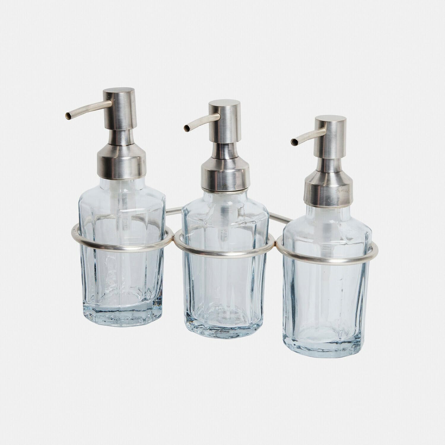 Loberon Seifenspender Virellane, Silber | für DREI Flaschen - zur Wandmontage - Badzubehör - Badaccessoires - Glas - Messing