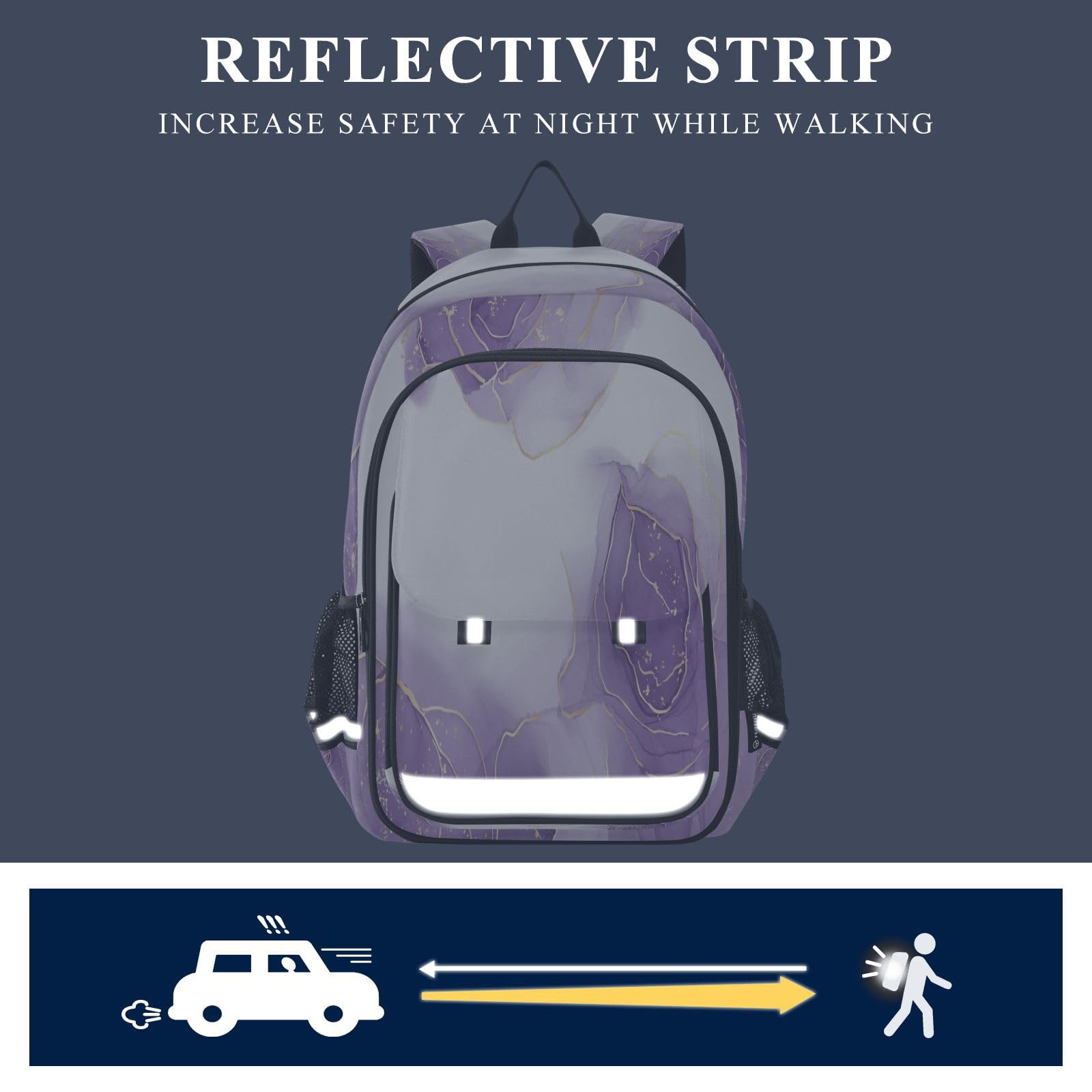 Zaino per computer portatile per bambini con glitter dorato viola marmo scuola media casual zaino quotidiano borsa per laptop da viaggio, B537