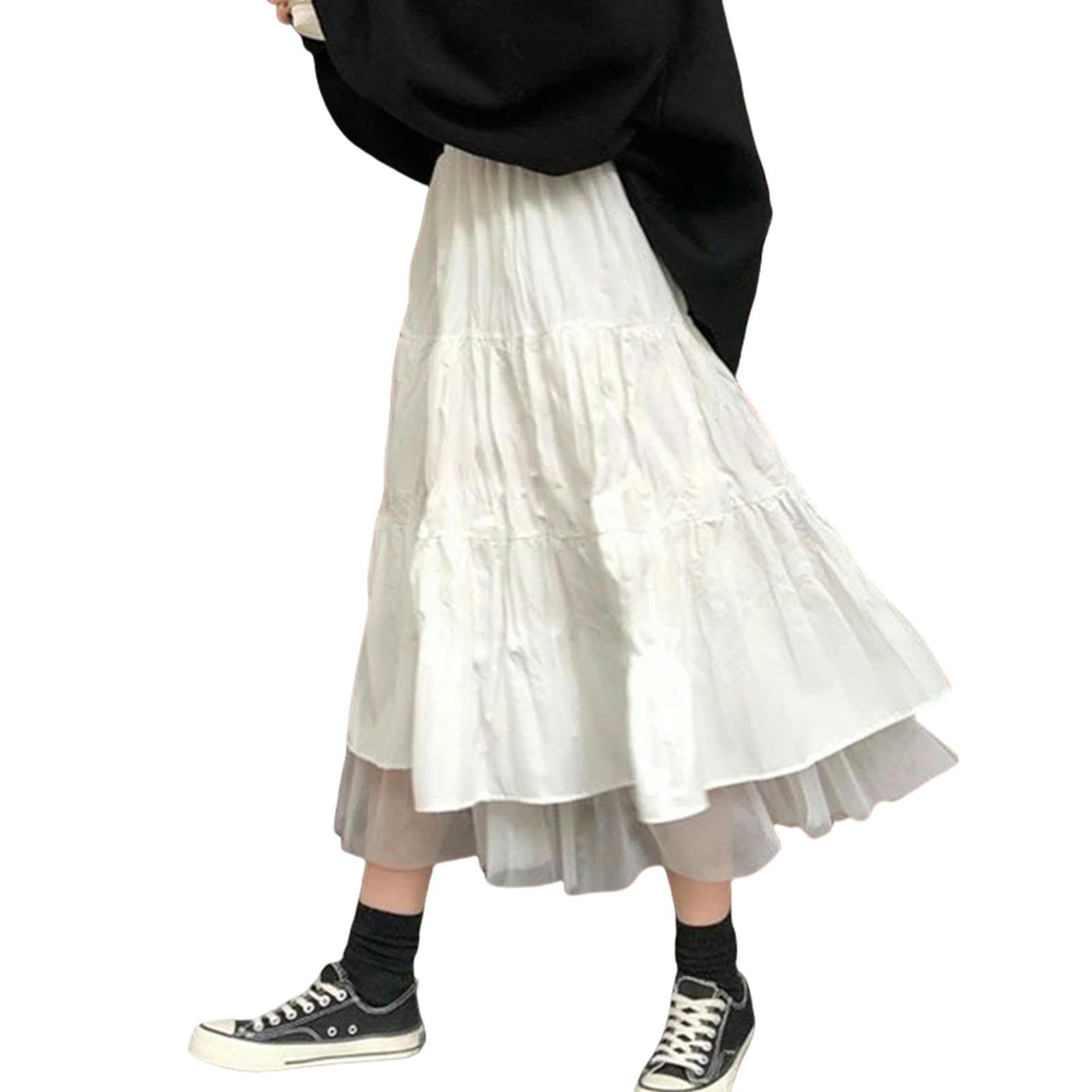 Falda Larga Mujer Long Tulle Midi Faldas para Mujer Elástica De La Cintura Alta De La Cintura Tutú Faldas Plisadas Femenino Blanco Blanco Falda Larga-Blanco-s