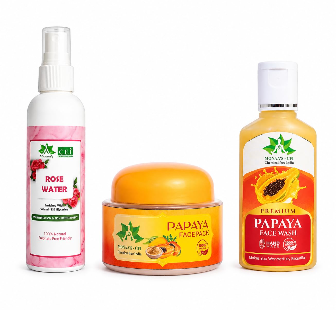 MONAA'S CFI Natural Skin Care Combo | Papaya Face Wash and Face Pack | Rose Water Spray | Handmade Daily Cleansing Hydration & Glowing Skin Care Kit | Chemical Free India-image-40