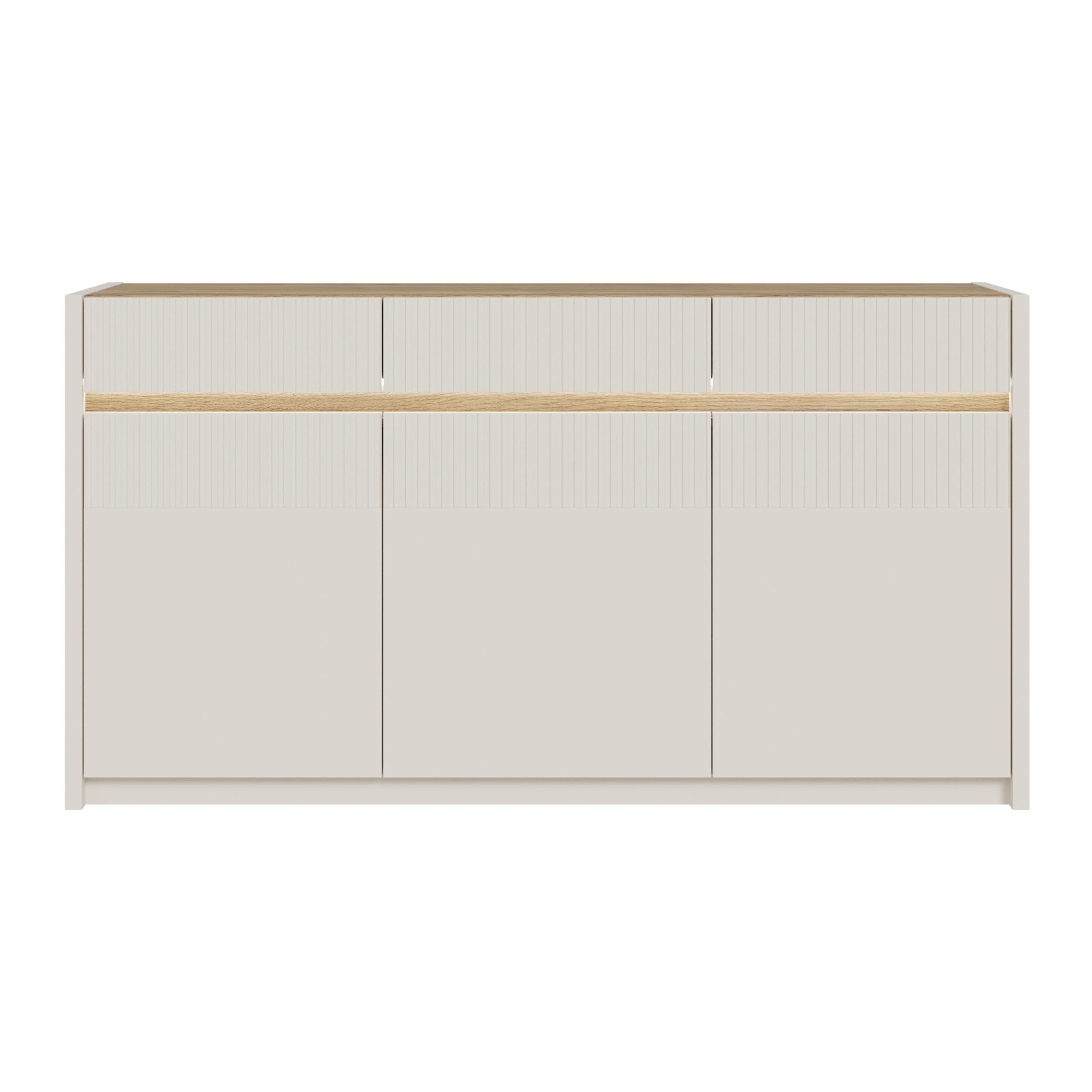 Forte Oak SQUERE Sideboard 160, Elegantes Sideboard mit 3 Türen, Beleuchtung und Lamellendesign, Holzwerkstoff, Mauvella Eiche Dekor/Sand, 160 cm breit x 85,9 cm hoch x 41,5 cm tief
