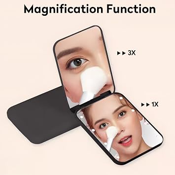 Compact Mirror,2-Sided LED Pocket Mirror,Portable 1x/3x Magnifying Women Makeup Mirrors,Small Folding Travel Mirrors for Purse and Handbag(Black)