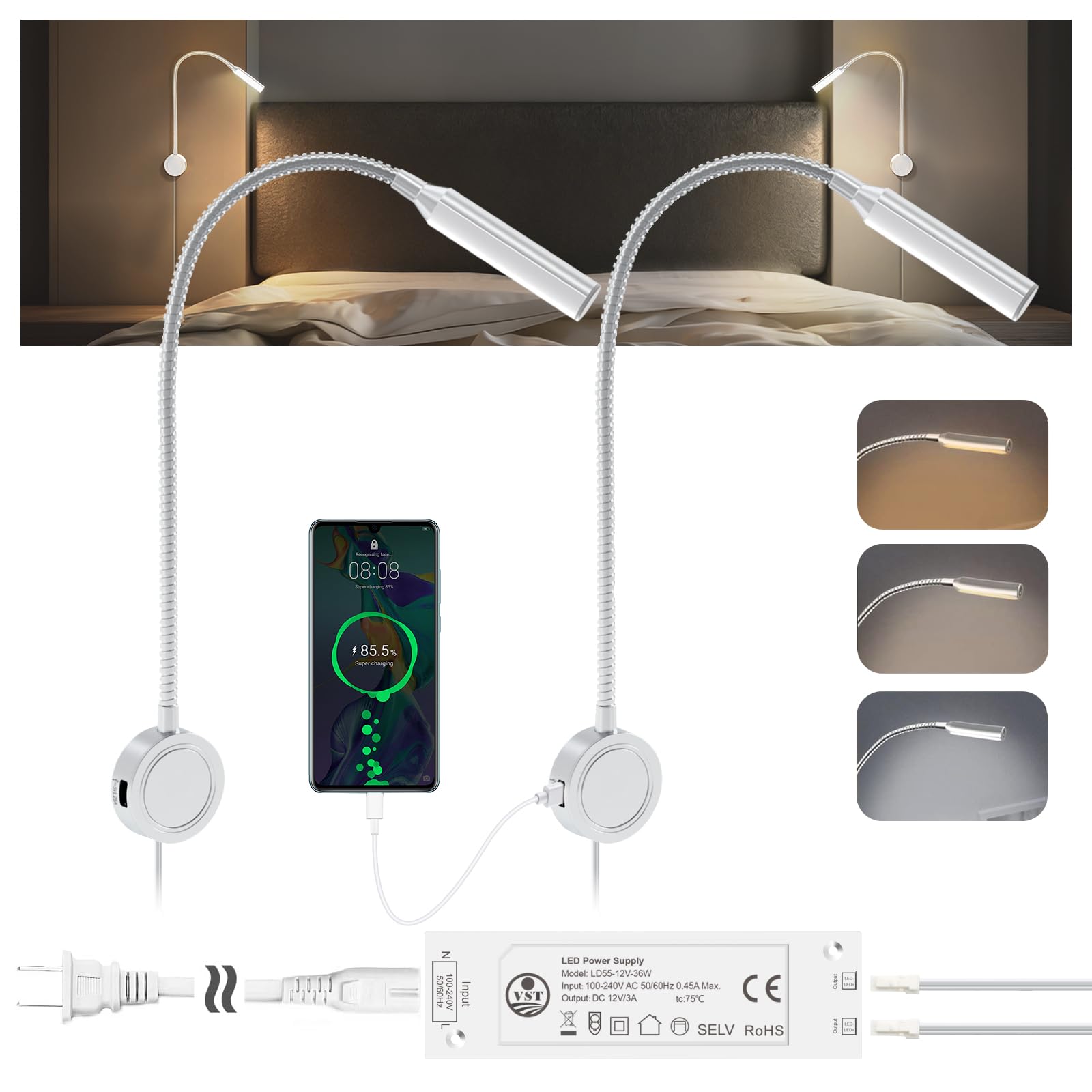 VST Books Lights for Headboard, Bedside Wall Mounted Reading Lamp, Reading Light Touch to Adjust Color Temp (3000K/4000K/6000K) and Brightness, USB/