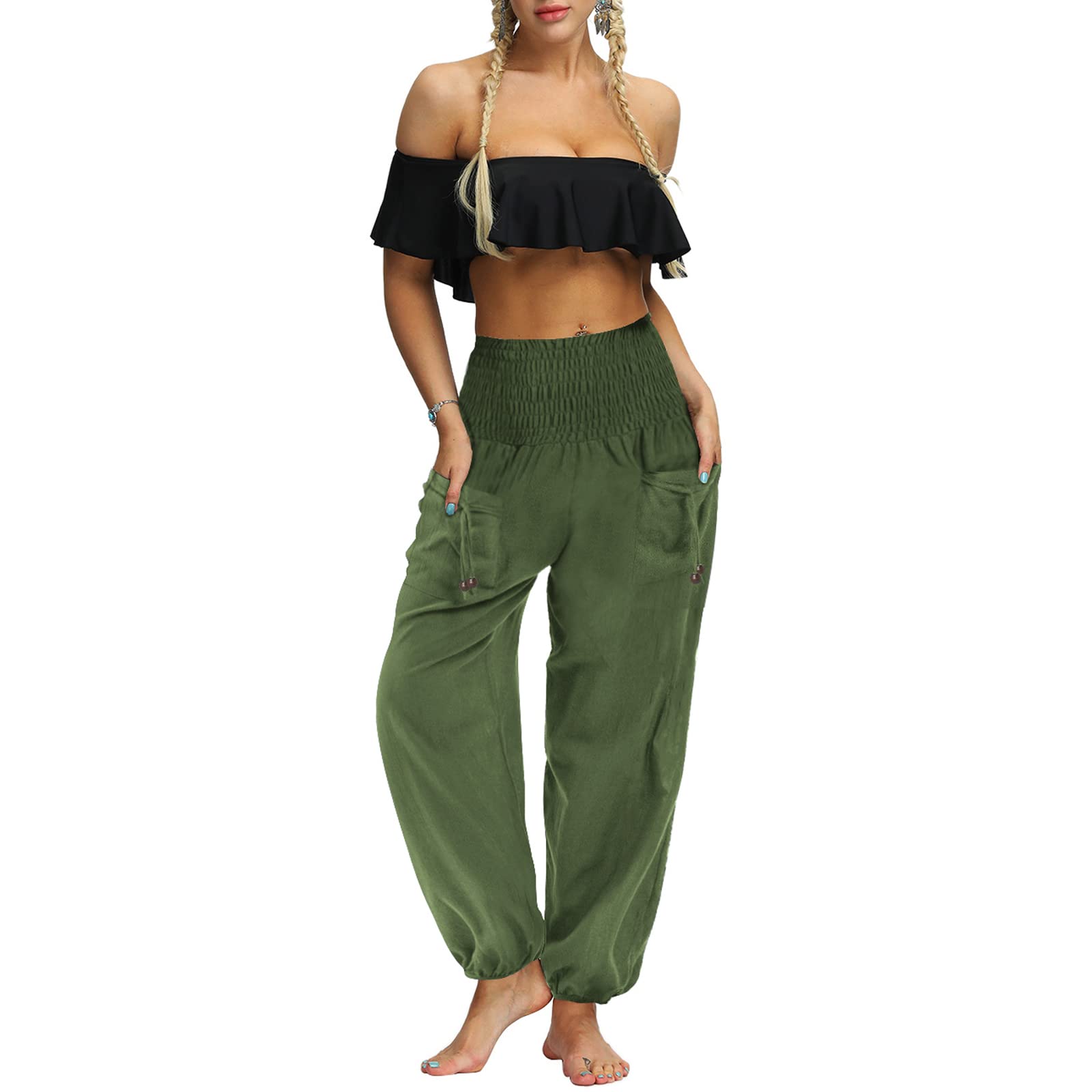 Nuofengkudu Unisex Pantaloni Harem Hippie Tasconi Tinta Unita Vita Alta Larghi Leggeri Yoga Pants Comodo Pigiama Estivi Spiaggia Casual