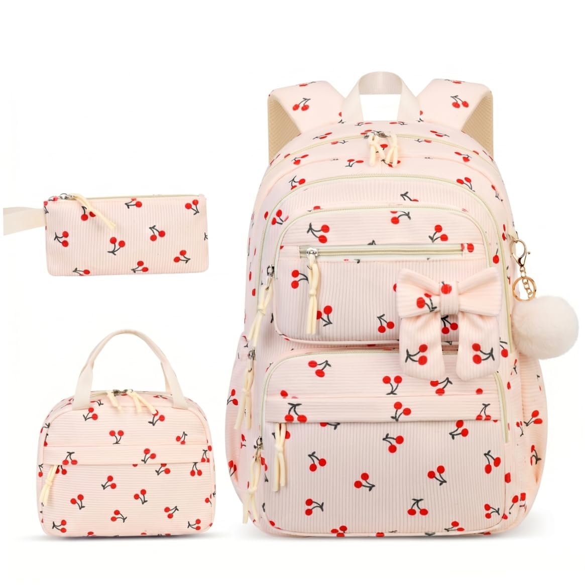 3 unids/set mochila de cereza, linda mochila de pana con paquete de comida y estuche para lápices para niñas y mujeres, beige, preppy, cereza