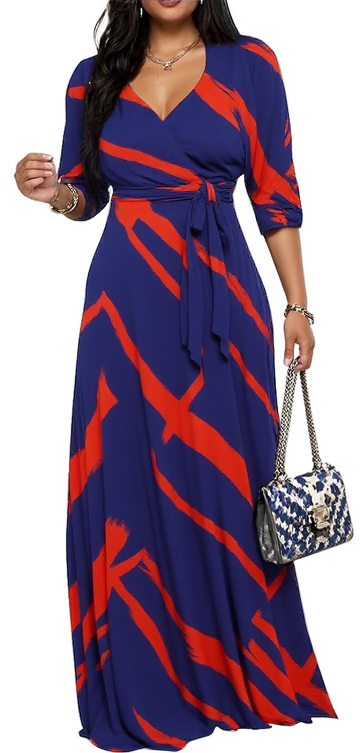 Women's Church Maxi Wrap V Neck 3/4 Sleeve Tie Waist Plus Size Long Dress