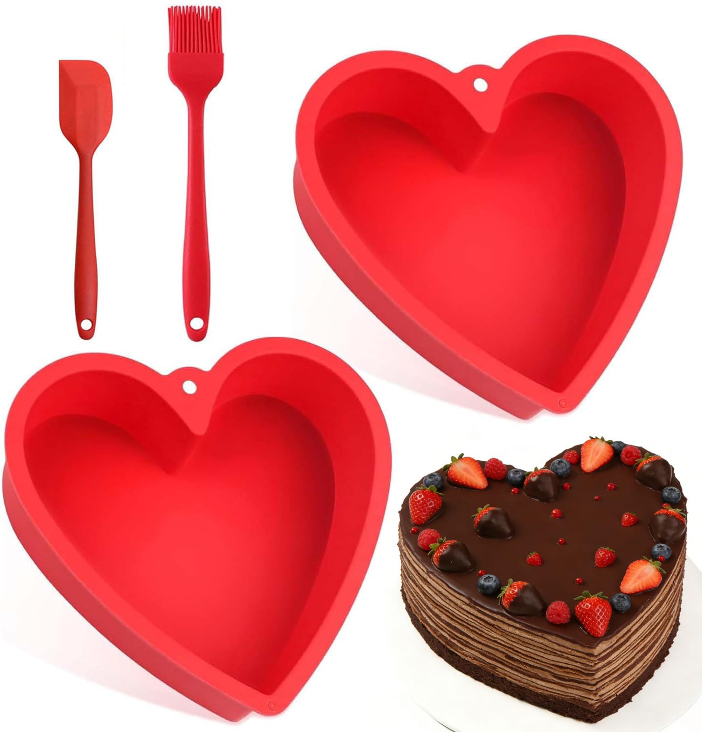 LPVVPEZ Heart Shaped Cake Tin Set of 2, 8 Inch Silicone Nonstick Baking Pans with Brush and Scraper, BPA Free Heart Cake Moulds for Muffins Bread Pudding, Reusable Baking