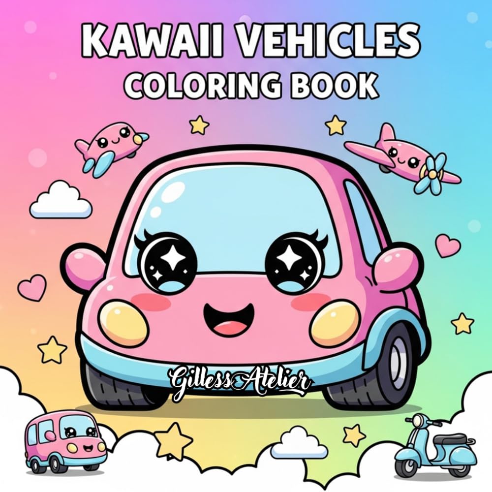 Kawaii Vehicles Coloring Book: for Adults and Teens: Cute and Simple Bold Designs for Stress Relief, Fun and Relaxation, Easy Coloring Pages with Adorable Cars, Trucks and More