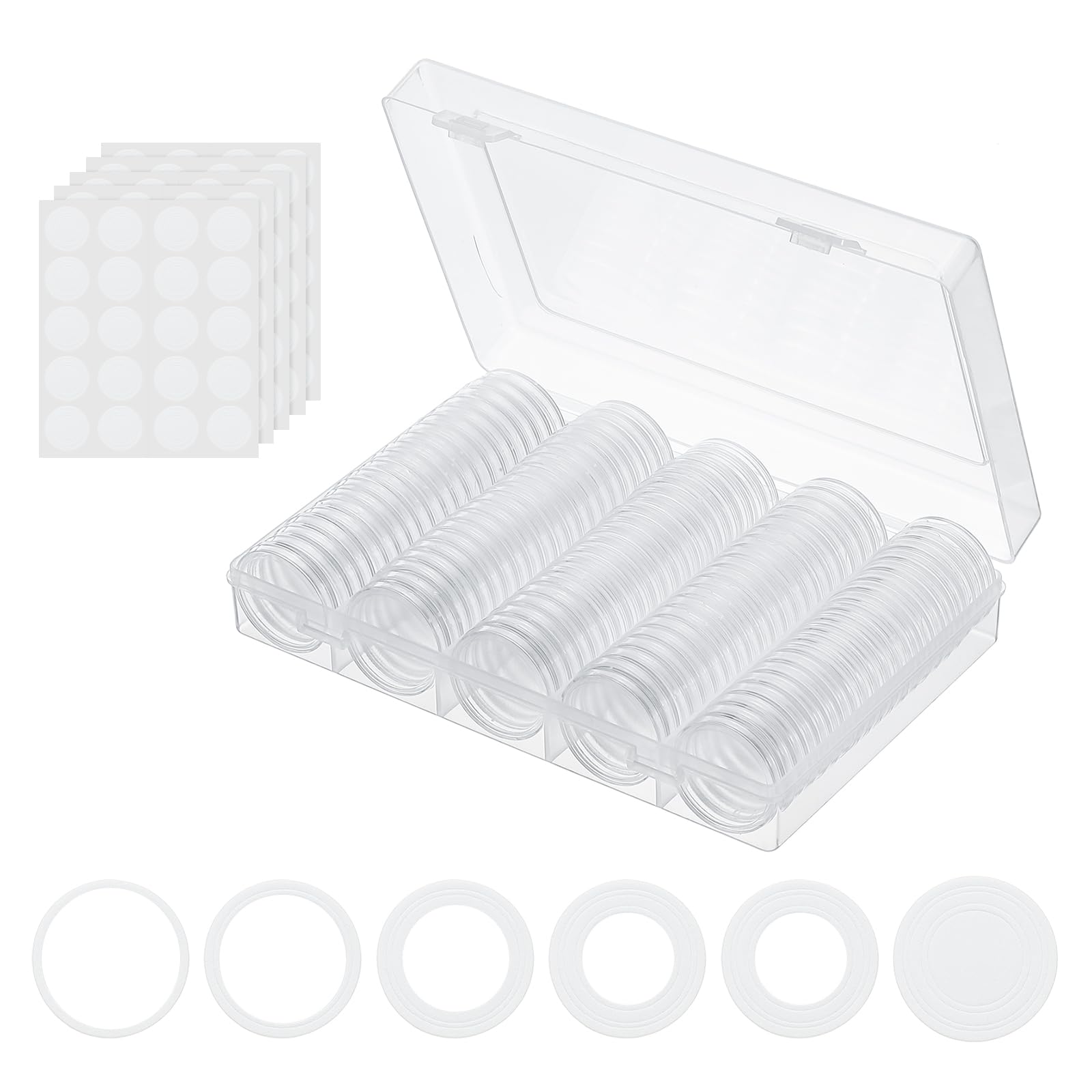 PATIKIL Coin Snap Holder 100 Pack Coin Case Storage Round with Organizer Box Fit 17/20/25/27/30mm Coins for Collectors Collection Supplies White Foam Gasket