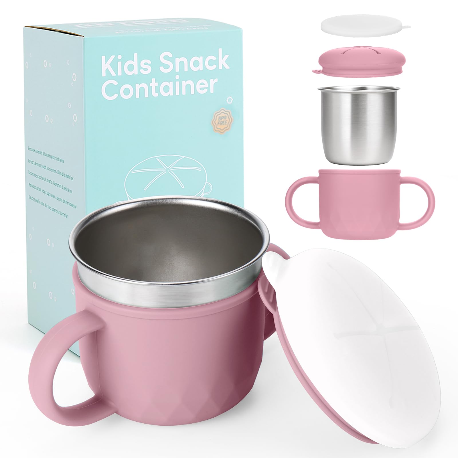 Toddler Snack Containers Stainless Steel Spill-Proof Snack Containers for Toddlers with Spill-Proof Silicone Lids and Handles 4-in-1 Baby Snack Cup is Dishwasher Safe for Easy use On The Go（Pink）-image-19