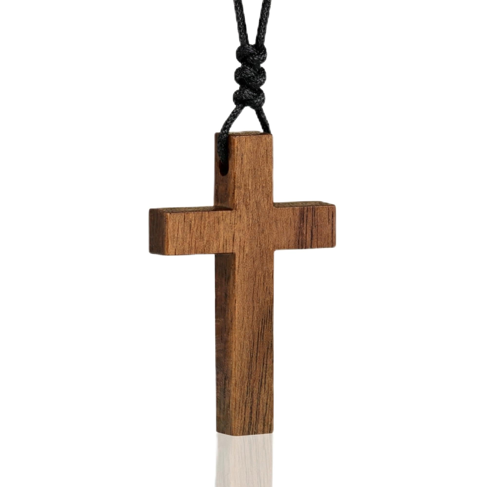 Natural Walnut Wood Cross Necklace for Men & Women - Small Wood Cross Pendant Necklace for Car Mirror - Wooden Religious Pendant Jewelry