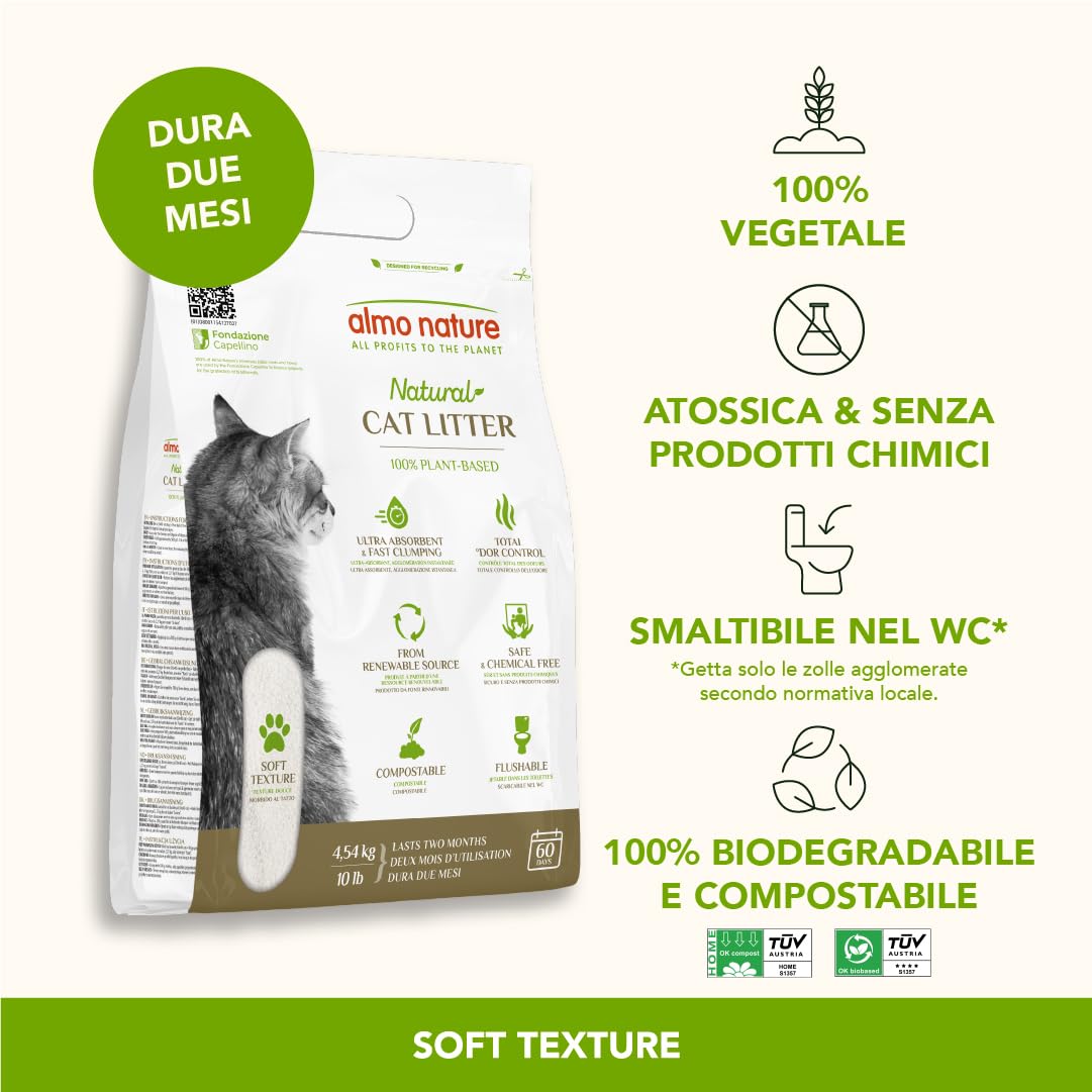 Almo Nature Soft Texture | Lettiera A Trama Finissima Per Gatti, 100% Vegetale, Certificata Biodegradabile e Compostabile | Agglomerante | Copre gli Odori | Compatibile con Robot – 4.54Kg