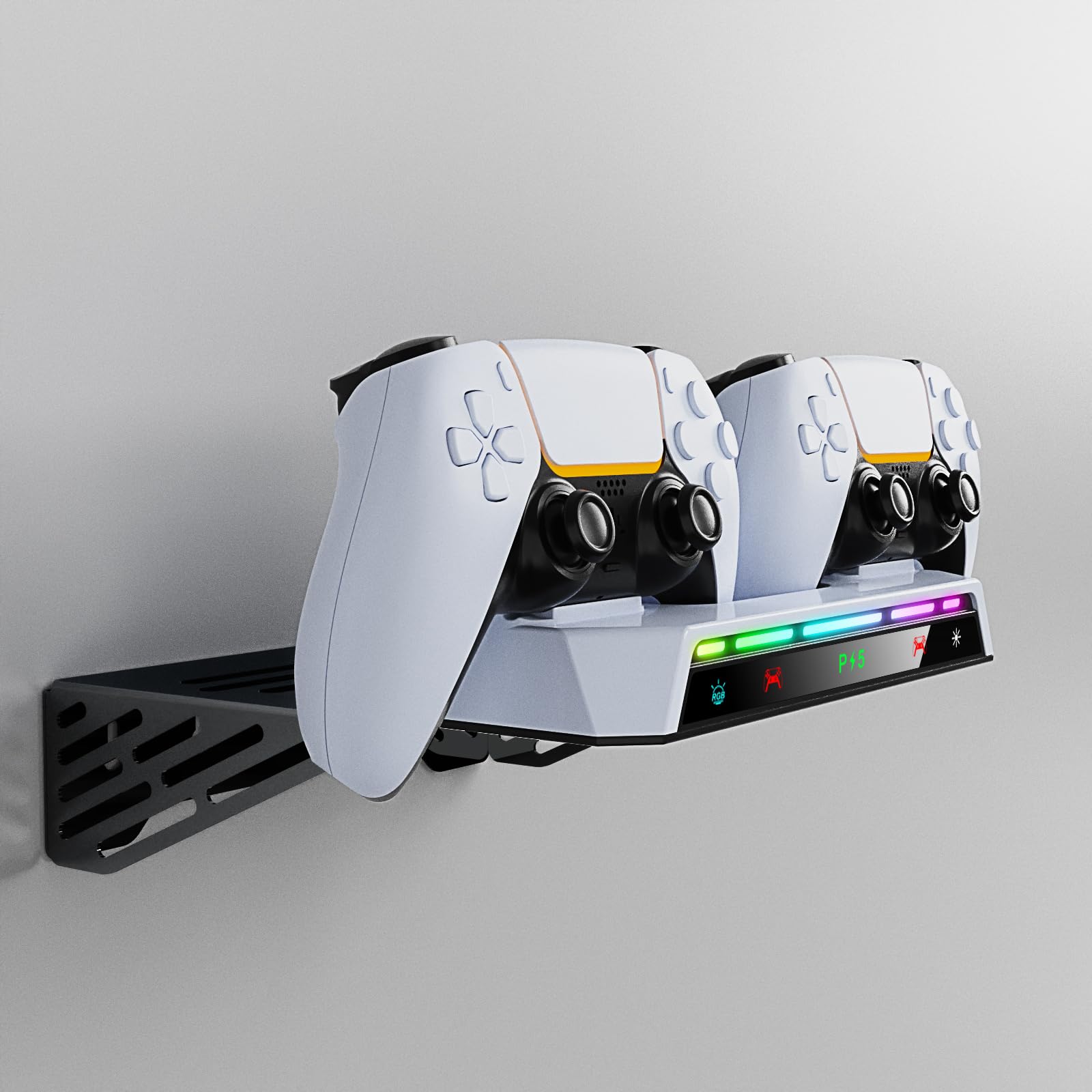 Uchwyt ścienny do konsoli PS5Slim/PS5/PS5 Pro, stojak ładujący do gamepada ze światłami RGB, uchwyt kontrolera do montażu na ścianie, zestaw haczyków na słuchawki