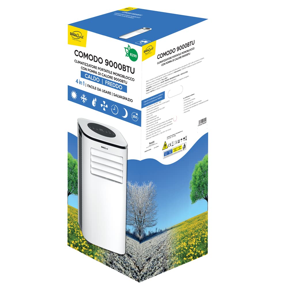 DIGIQUEST Climatizzatore portatile COMODO 9000BTU | 4 in 1: freddo, caldo, umidificatore e ventilatore (2.6kW e 2.0 kW) | 24h Timer | Modalità Notte | Salvaspazio [Classe energetica A]