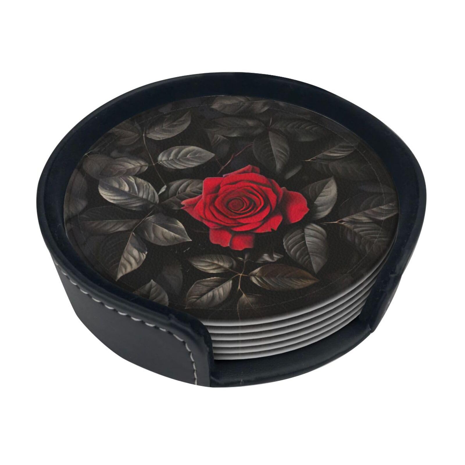 Red Rose And Black Leaves Print Round Coasters Set Of 6,Coaster For Tabletop Protection Home Bar Decor