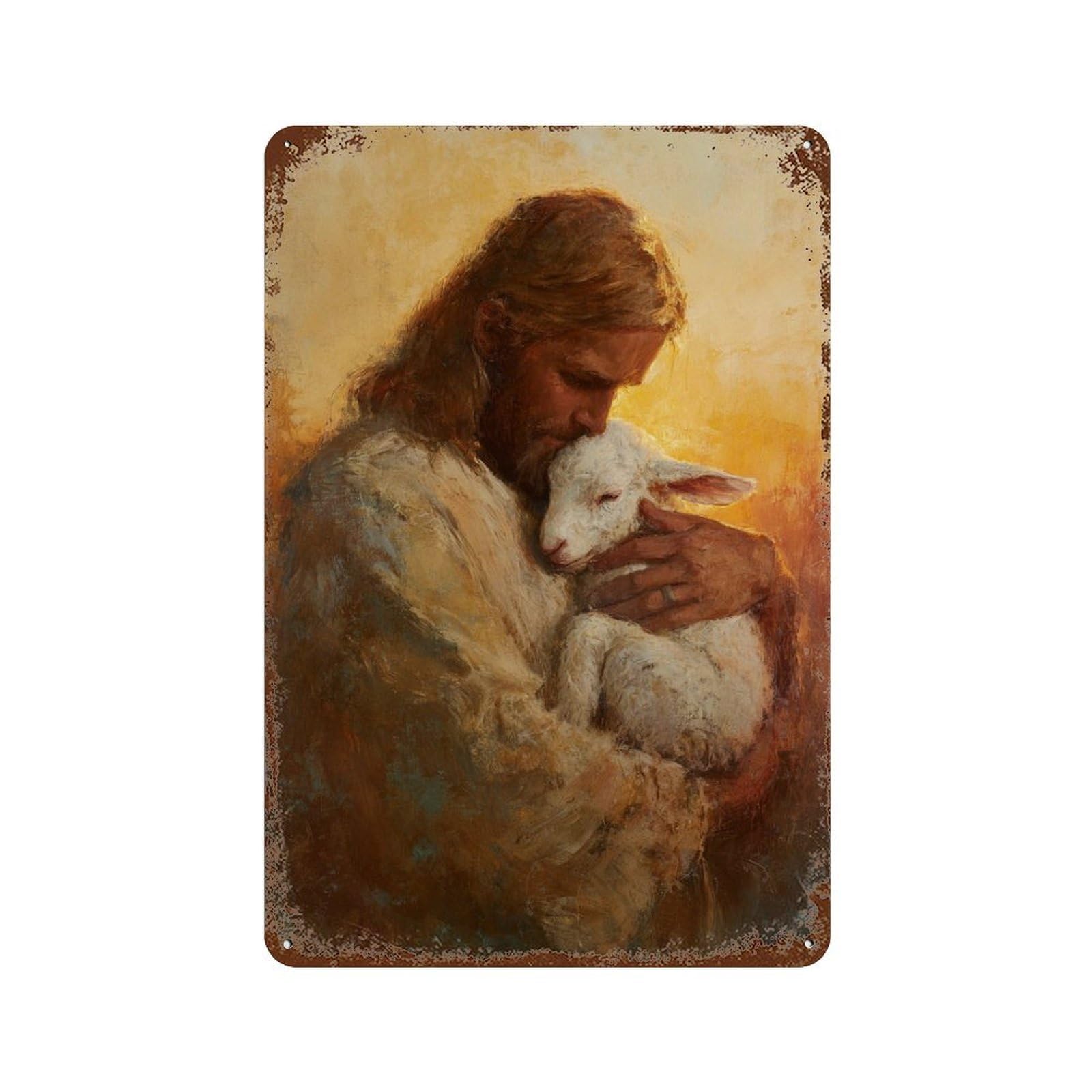Retro Metal Sign Jesus Holding Lamb Painting-3 11.8"x7.9", Retro Wall Decor for Living Room, Hallway And Home Decor