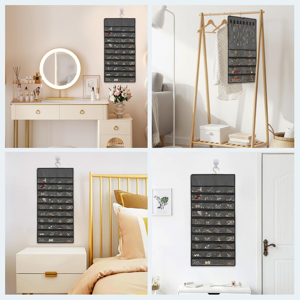 48 Compartimentos Organizador de Joyas Colgante 43 X 78 CM,Colgador Collares Pared con Ganchos,Soporte Collares Expositor para Colgar,Hanging Jewelry Organizer para Anillo, Pulsera -Gris