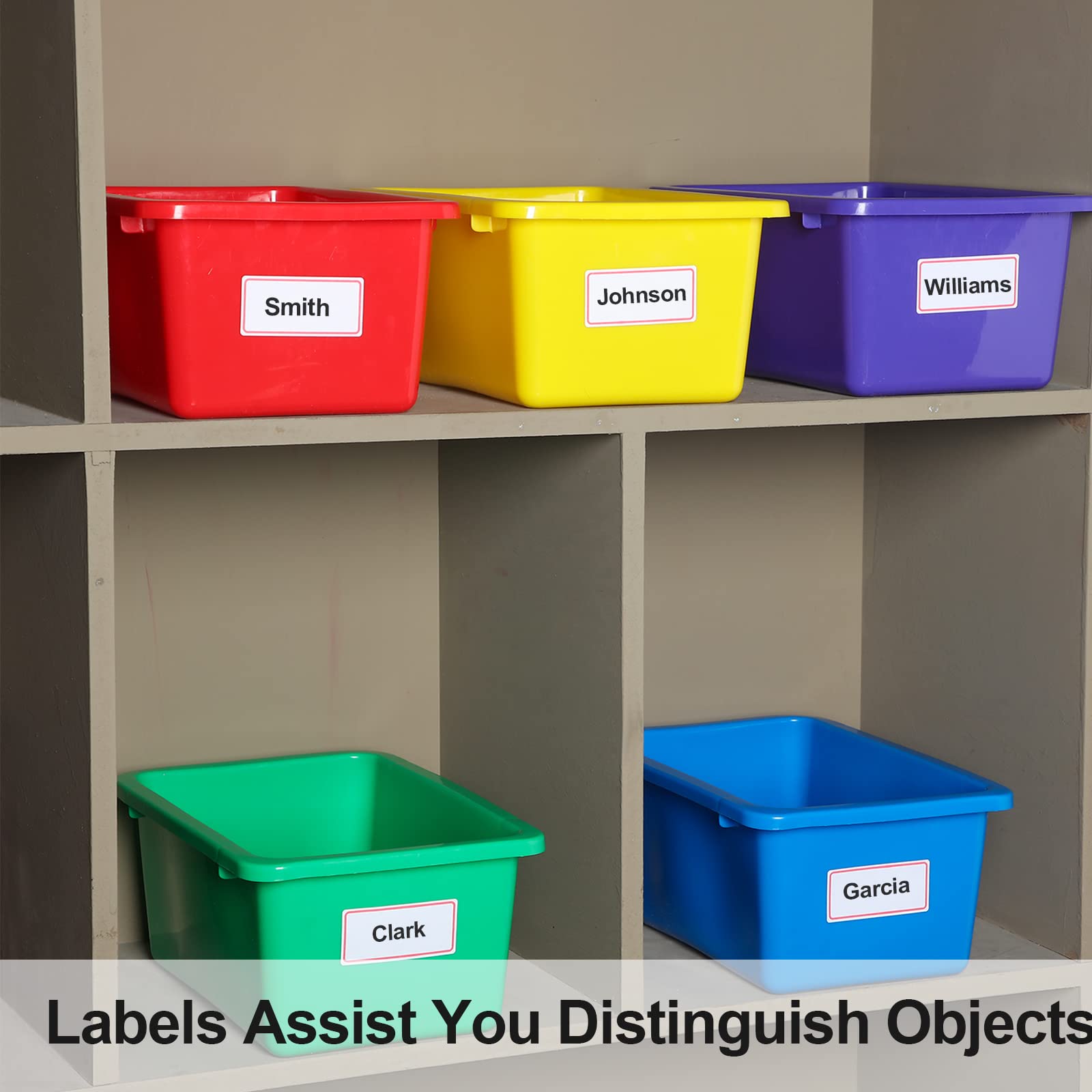Outus 84 contenitori in plastica impilabili per organizzare libri, giocattoli, con 120 etichette autoadesive, per biblioteca, scuola, ufficio, casa, 6 colori