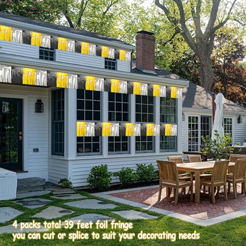 Image of 4 Packs Total 39 Ft Parade Floats for Trailer Car, Black Gold Silver Foil Fringe Garland Tinsel Streamers Banner Table Skirts for Graduation Homecoming New Year's Eve Birthday Party Decor