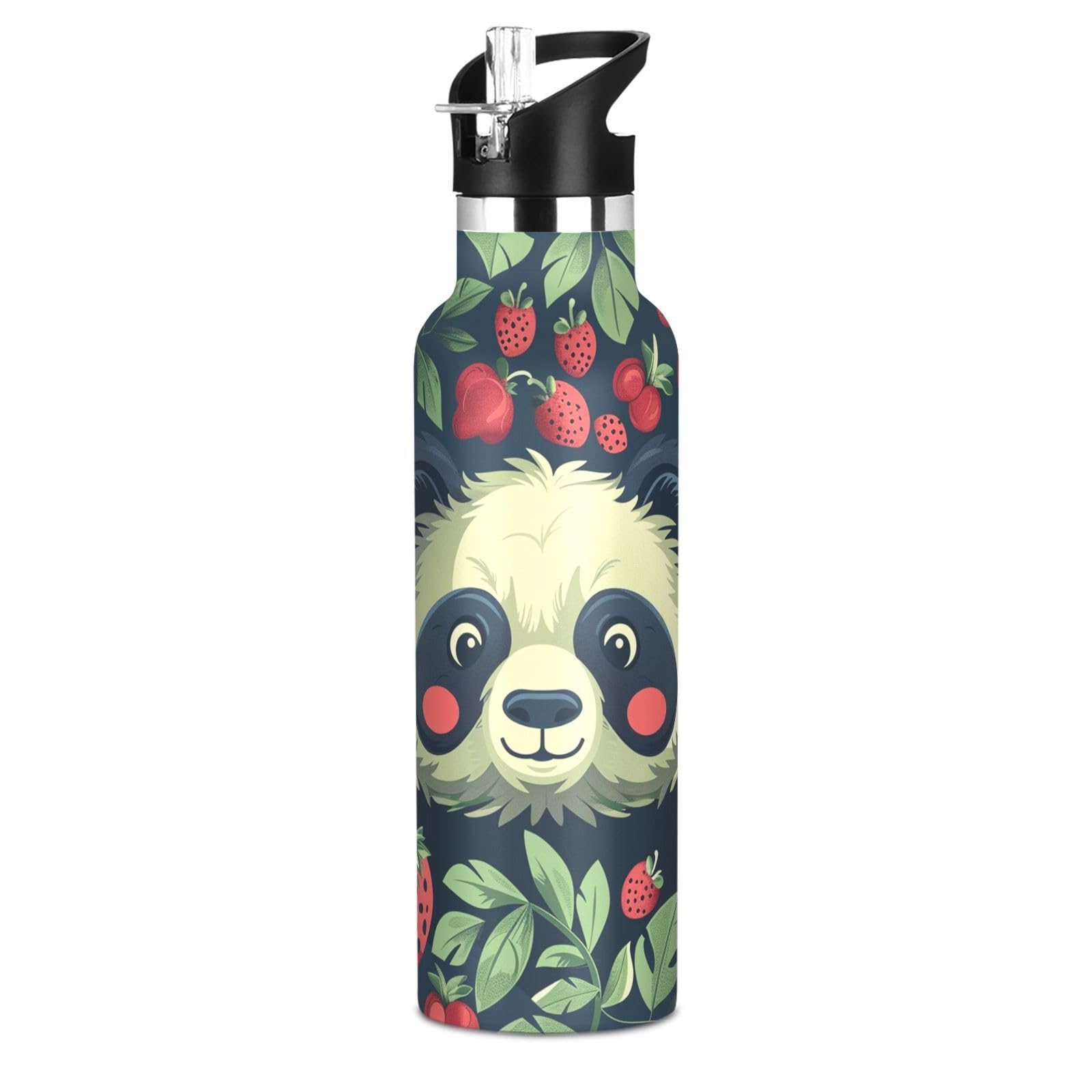 Kaaviyo Boys Pattern Cute Panda Fresh Strawberries Water Bottle Stainless Steel Jug Insulated Vacuum Cup For Girls(600Ml)